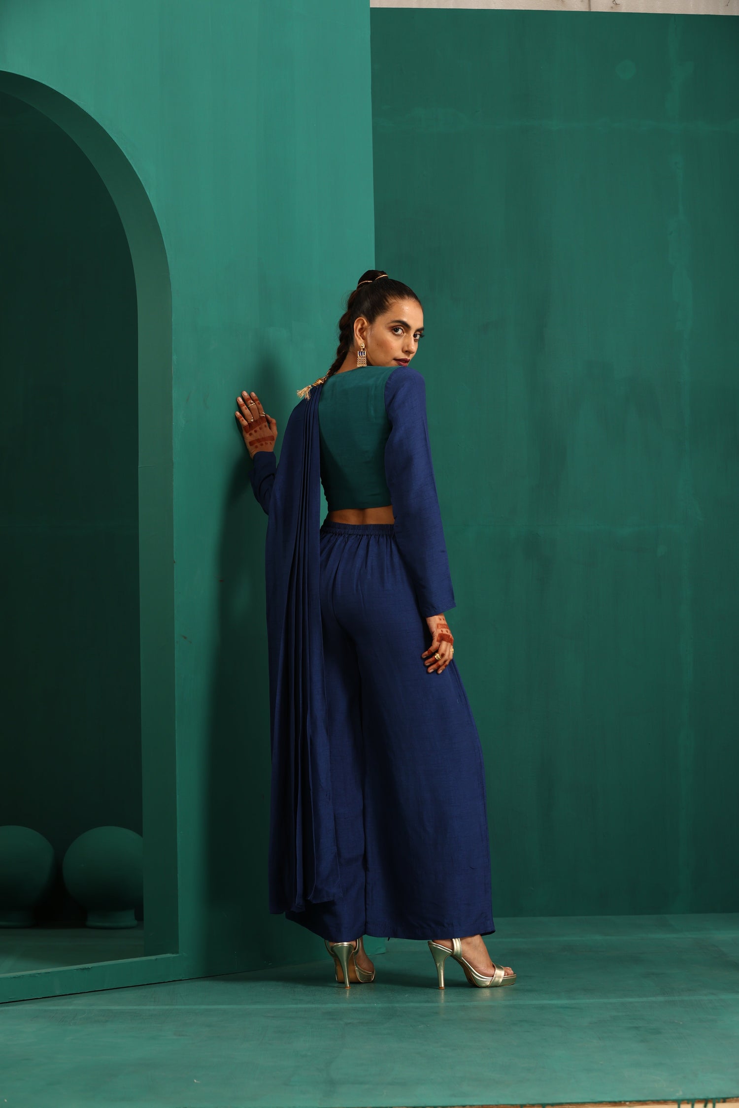 trueBrowns Blue Silk Ready To Wear Palazzo Saree
