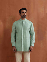 trueBrowns Men's Green Cotton Dobby Front Open Short Kurta