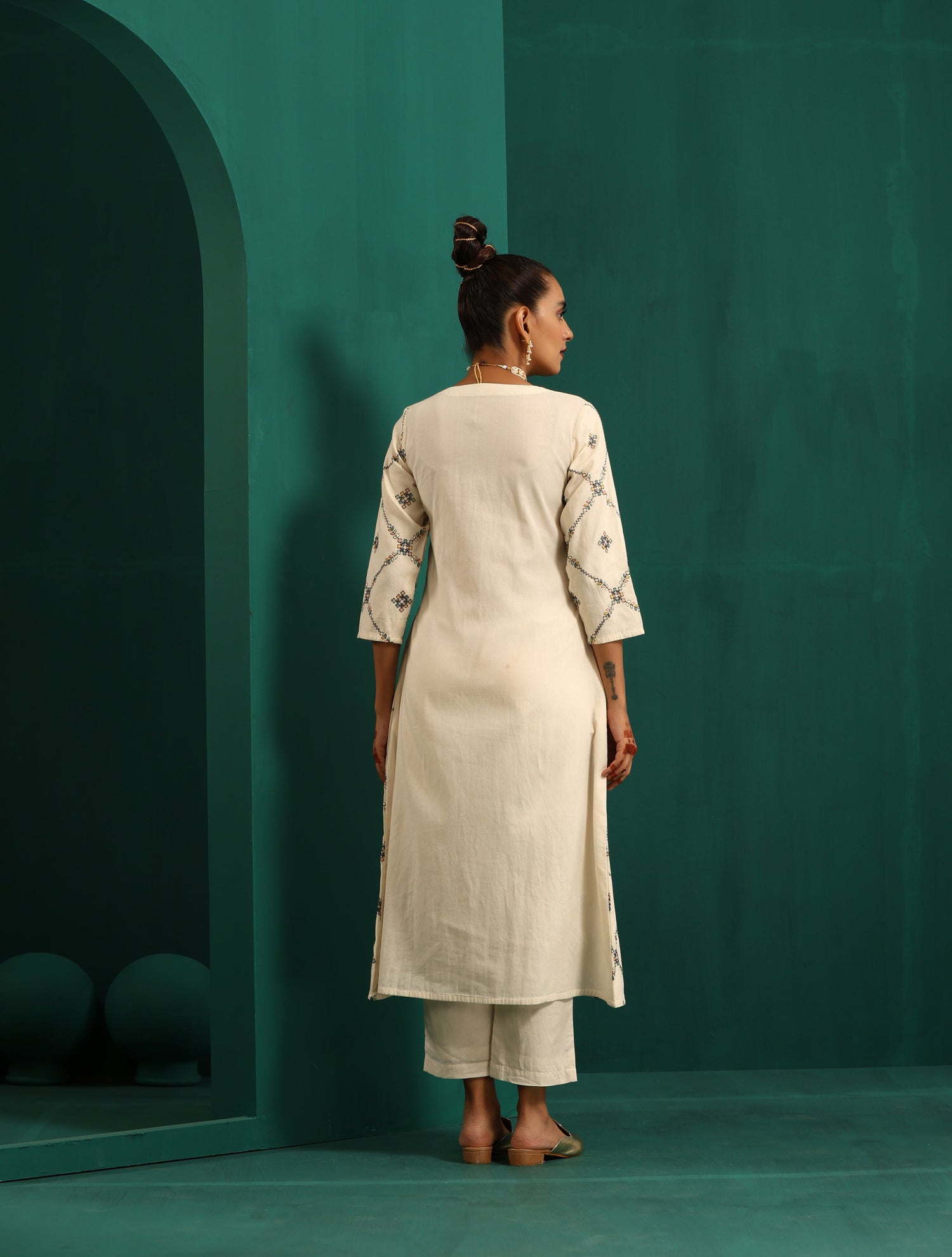 trueBrowns Ivory Embroidered Angrakha Kurta Pant Set
