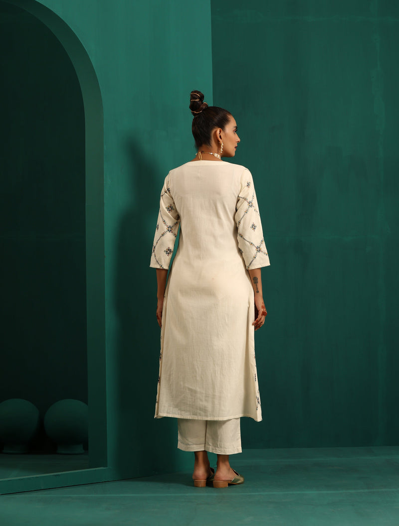 trueBrowns Ivory Embroidered Angrakha Kurta Pant Set