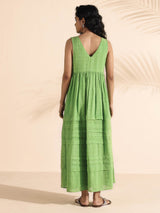trueBrowns Green Cotton Dobby Yoke Dress