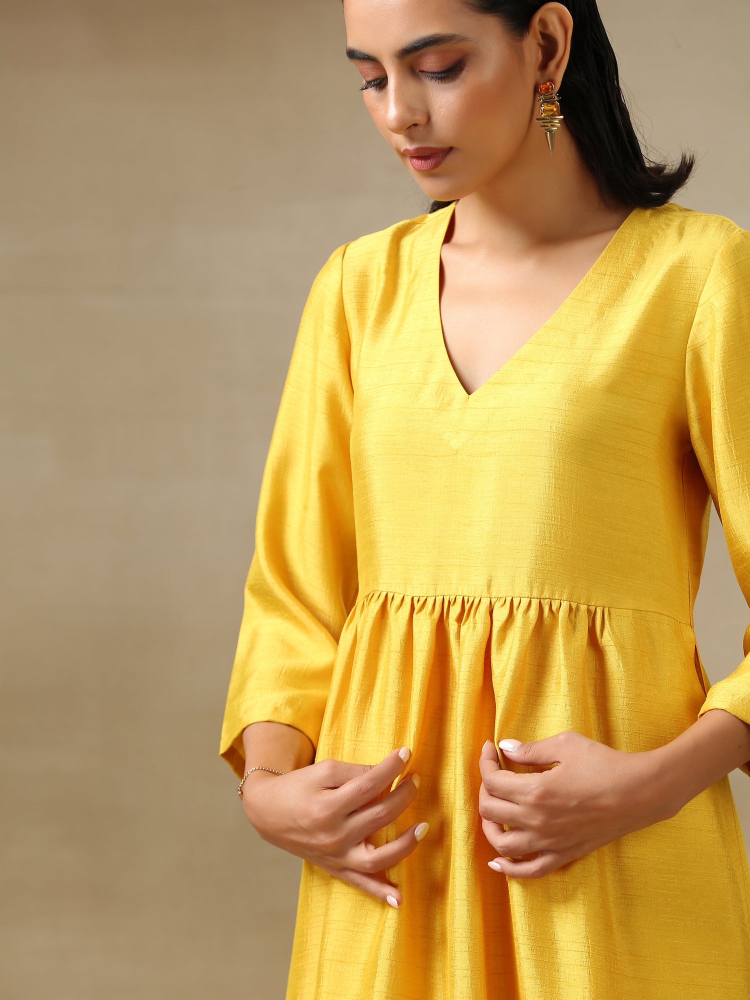 Yellow Textured Silk High Slit Gathered Kurta Set