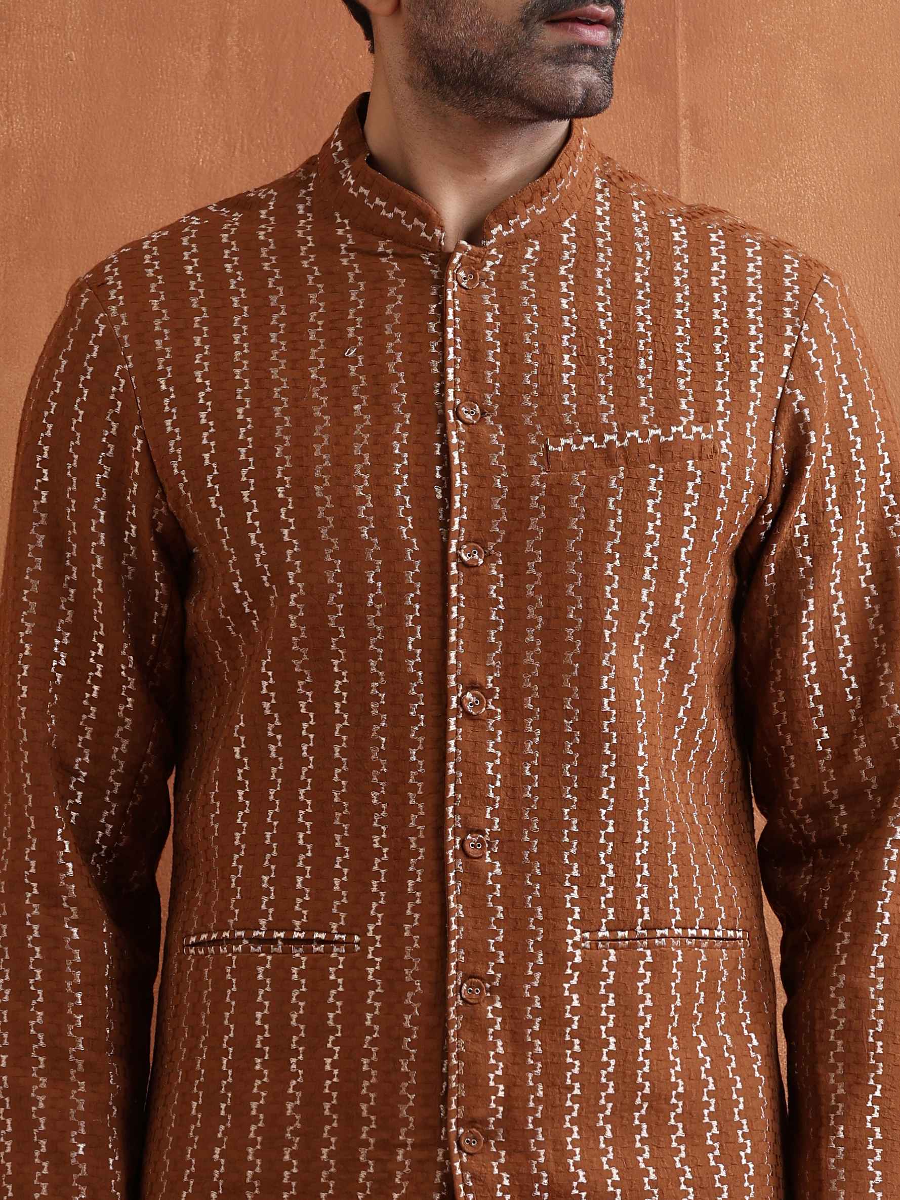 trueBrowns Men's Brown Cotton Dobby Long Jacket