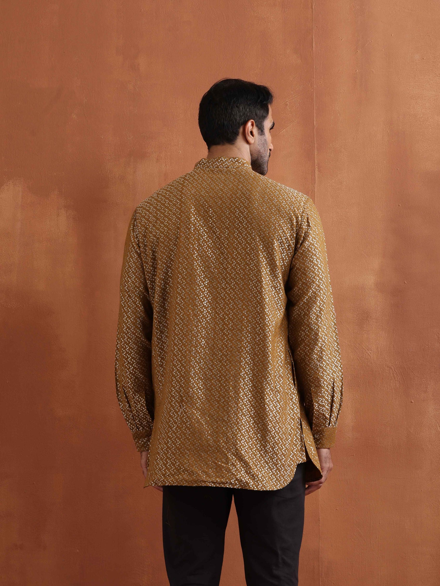 trueBrowns Men's Mustard Cotton Dobby Short Kurta