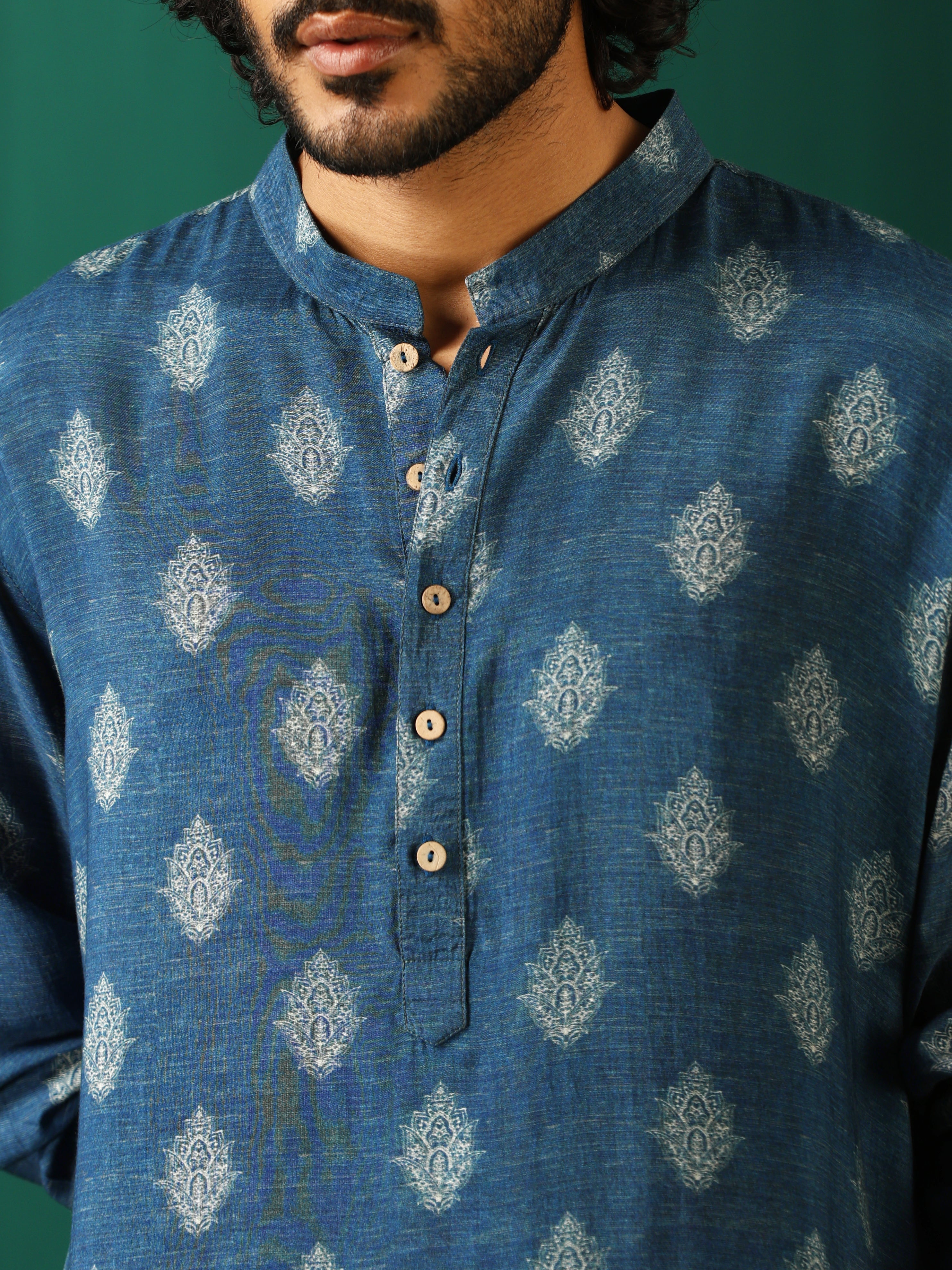 trueBrowns Men Blue Floral Muslin Silk Printed Co-ord Set