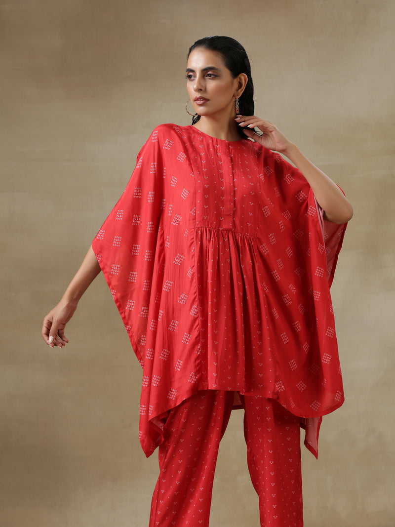 Red Bandhani Printed Silk Kaftan Gathered Co-Ord Set