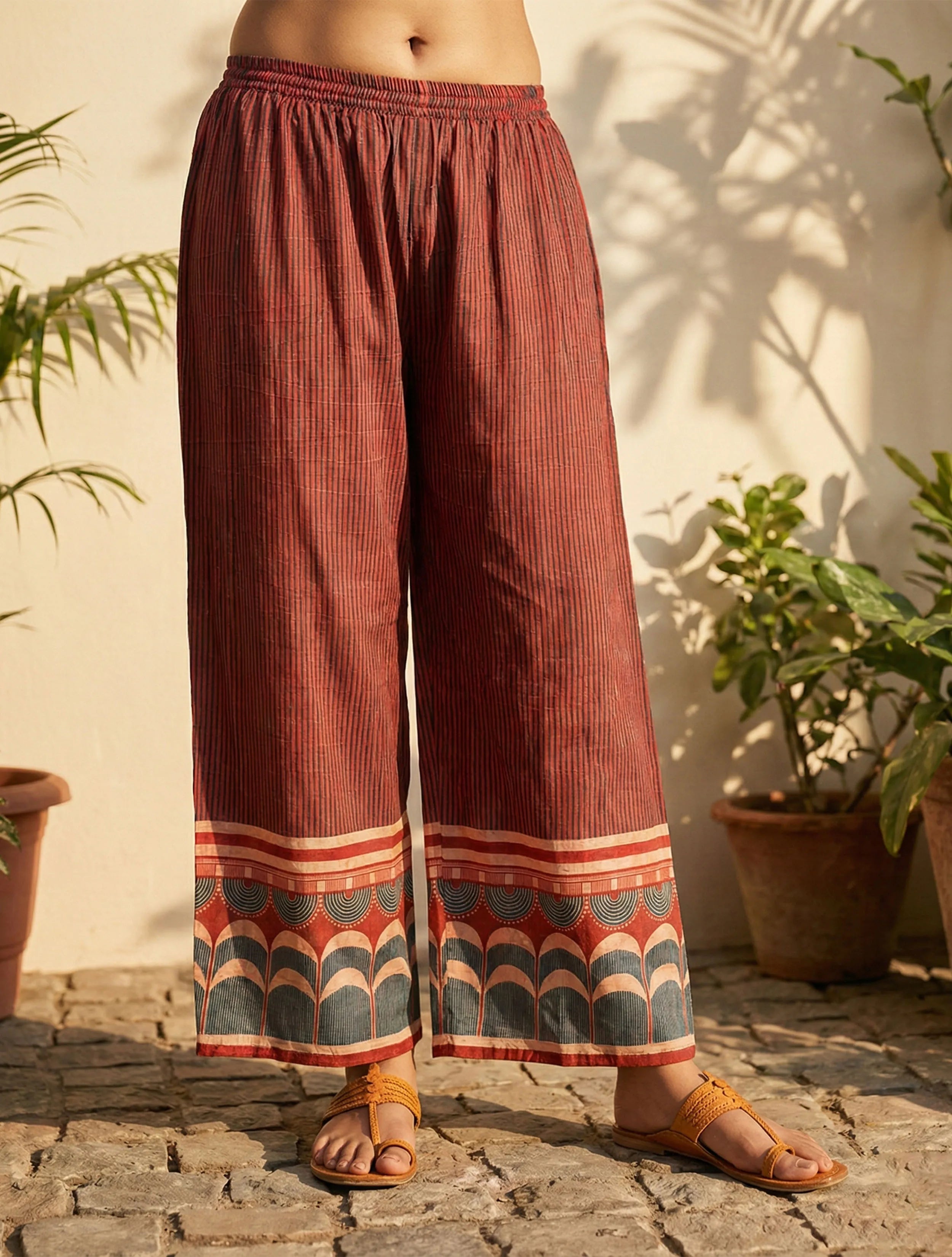 trueBrowns Red Printed Kaftan Kurta Palazzo Set
