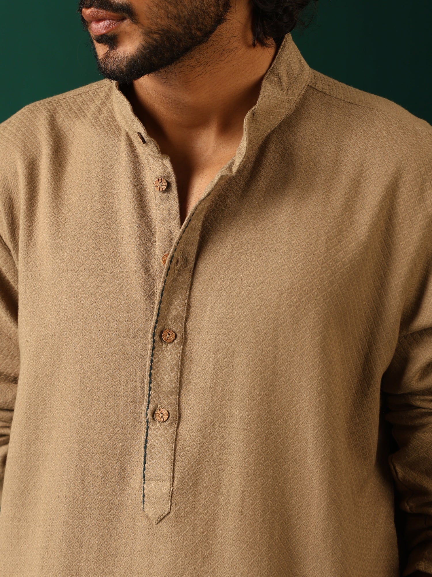 trueBrowns Men Beige Dobby Textured Kurta