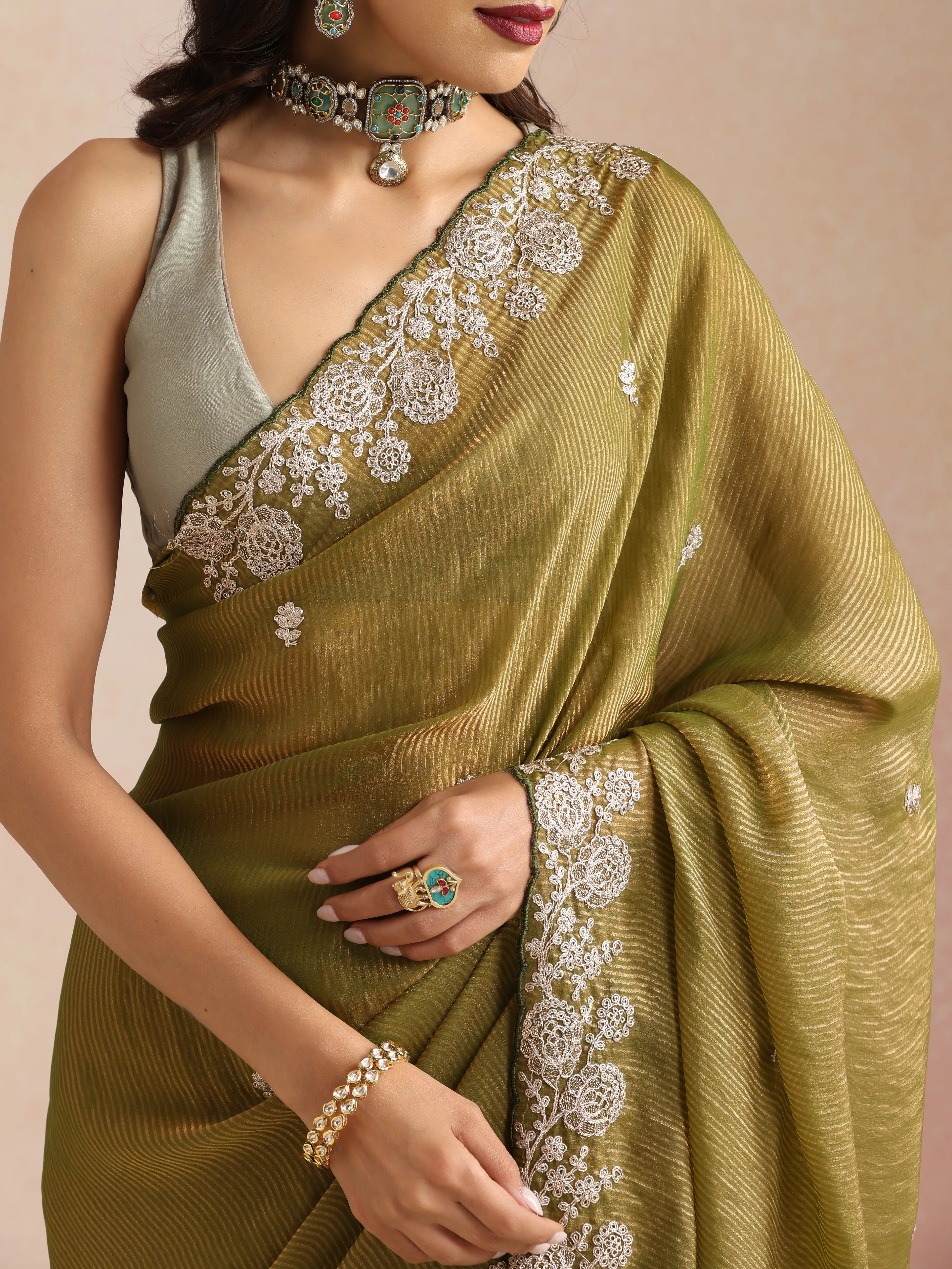 trueBrowns Lime Tissue Stripe Embroidery Weave Saree With Unstitched Blouse