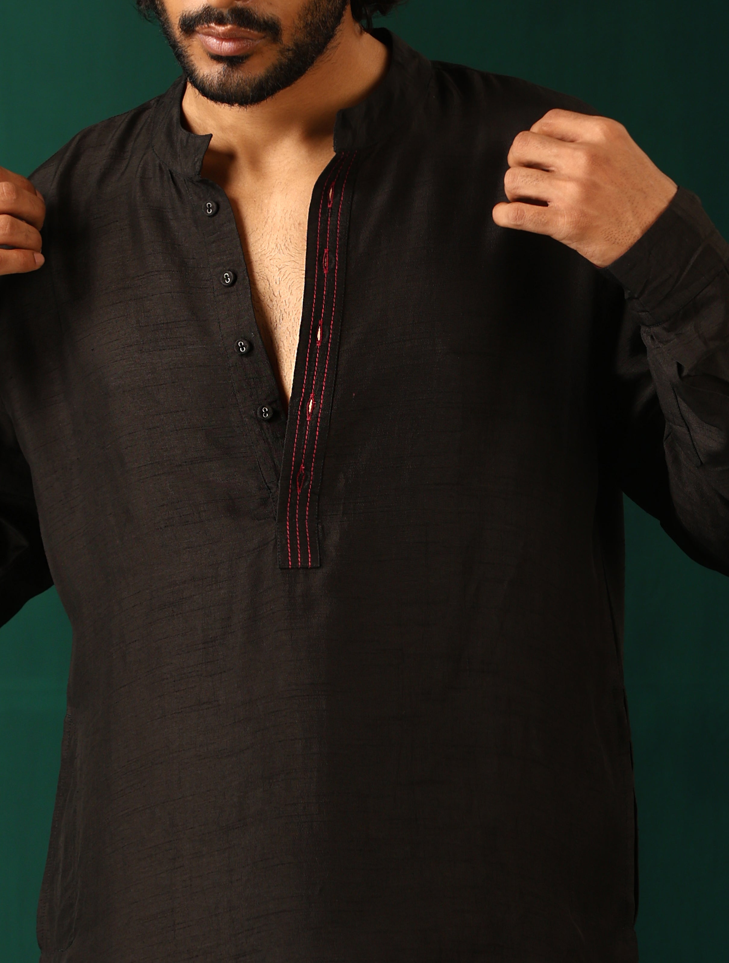 trueBrowns Men Black Silk Co-ord Set Stitch Detail