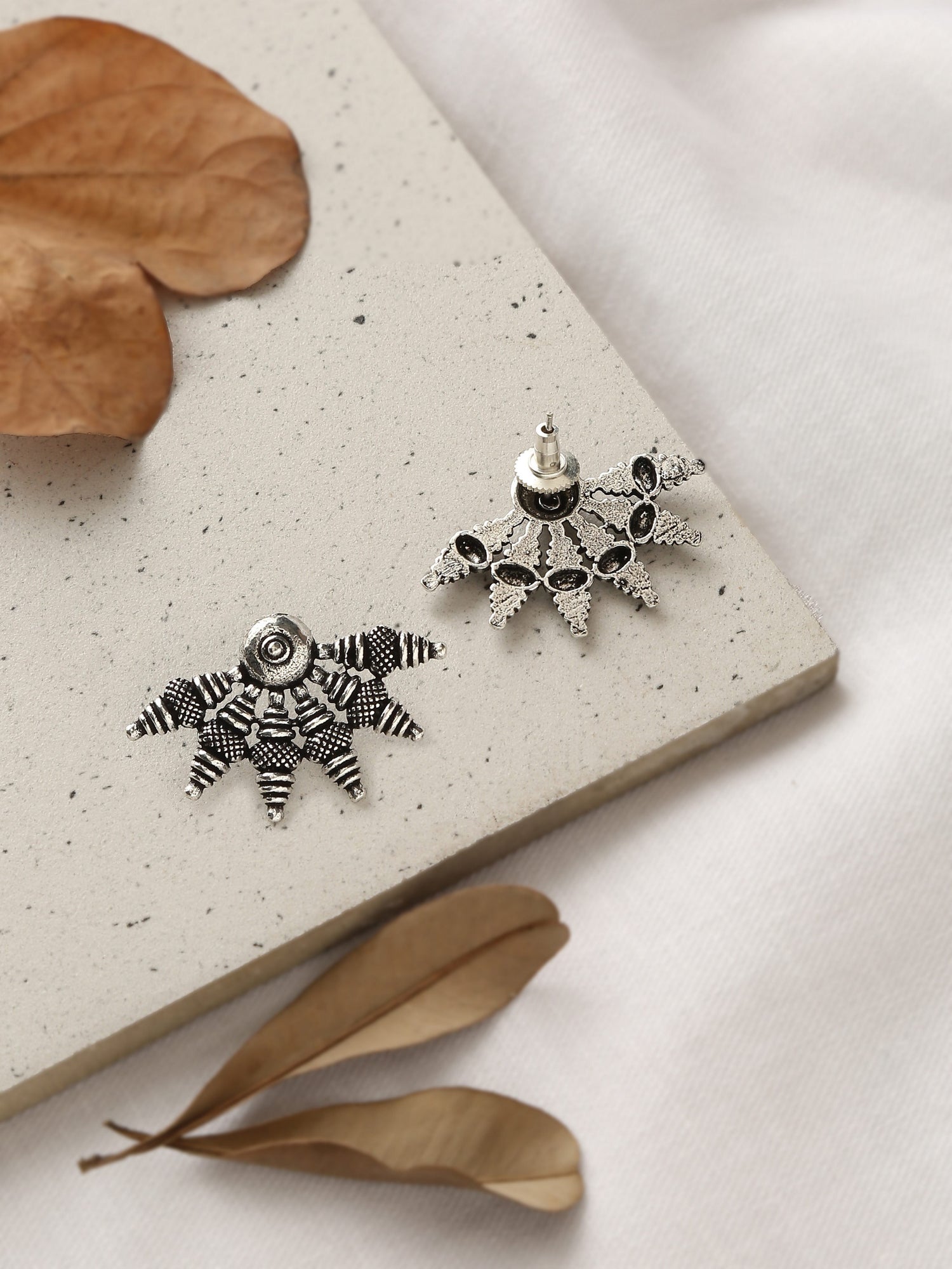 Silver-Plated Half Floral Stud Earrings