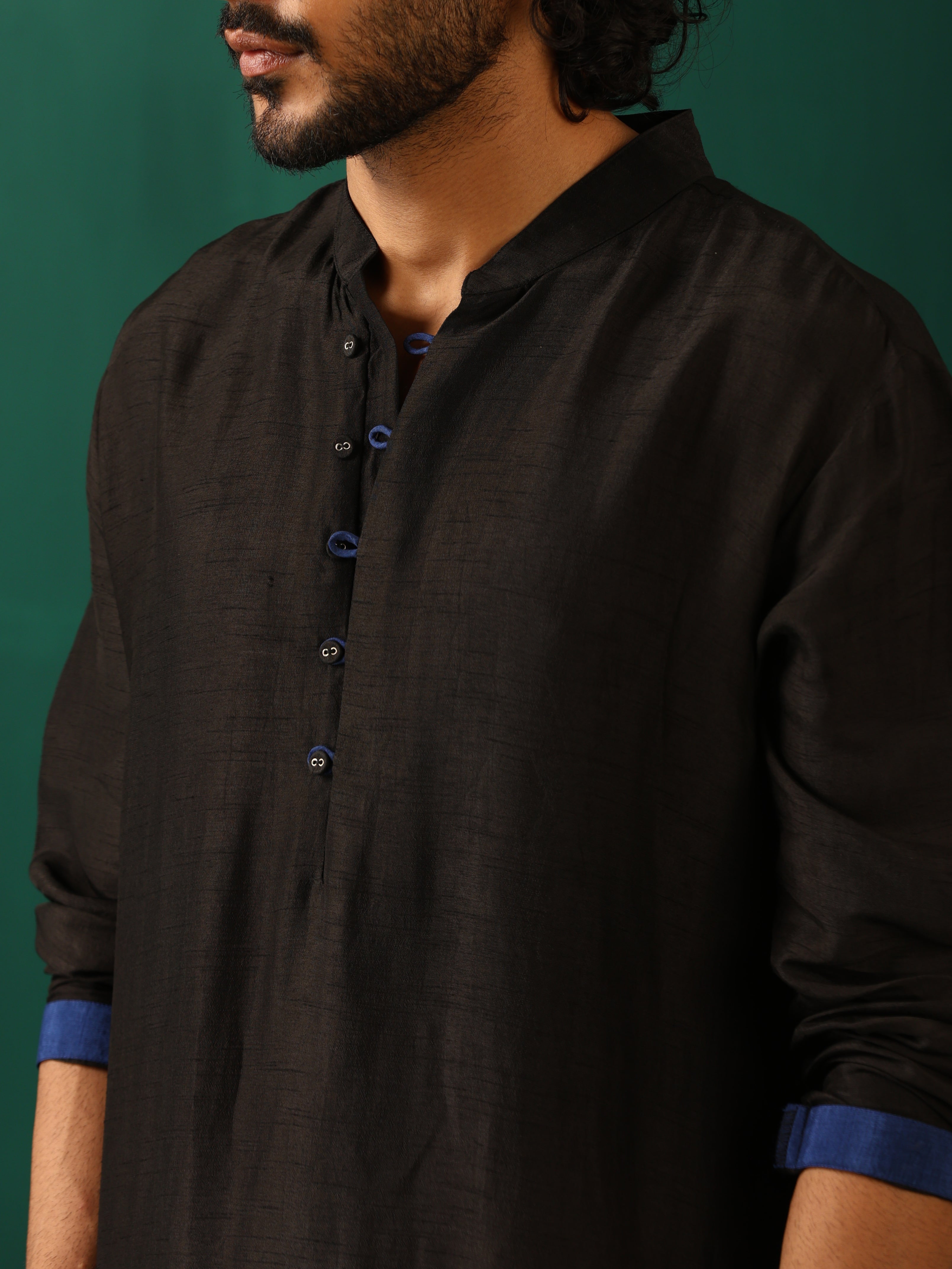 trueBrowns Men Black Silk Long Kurta