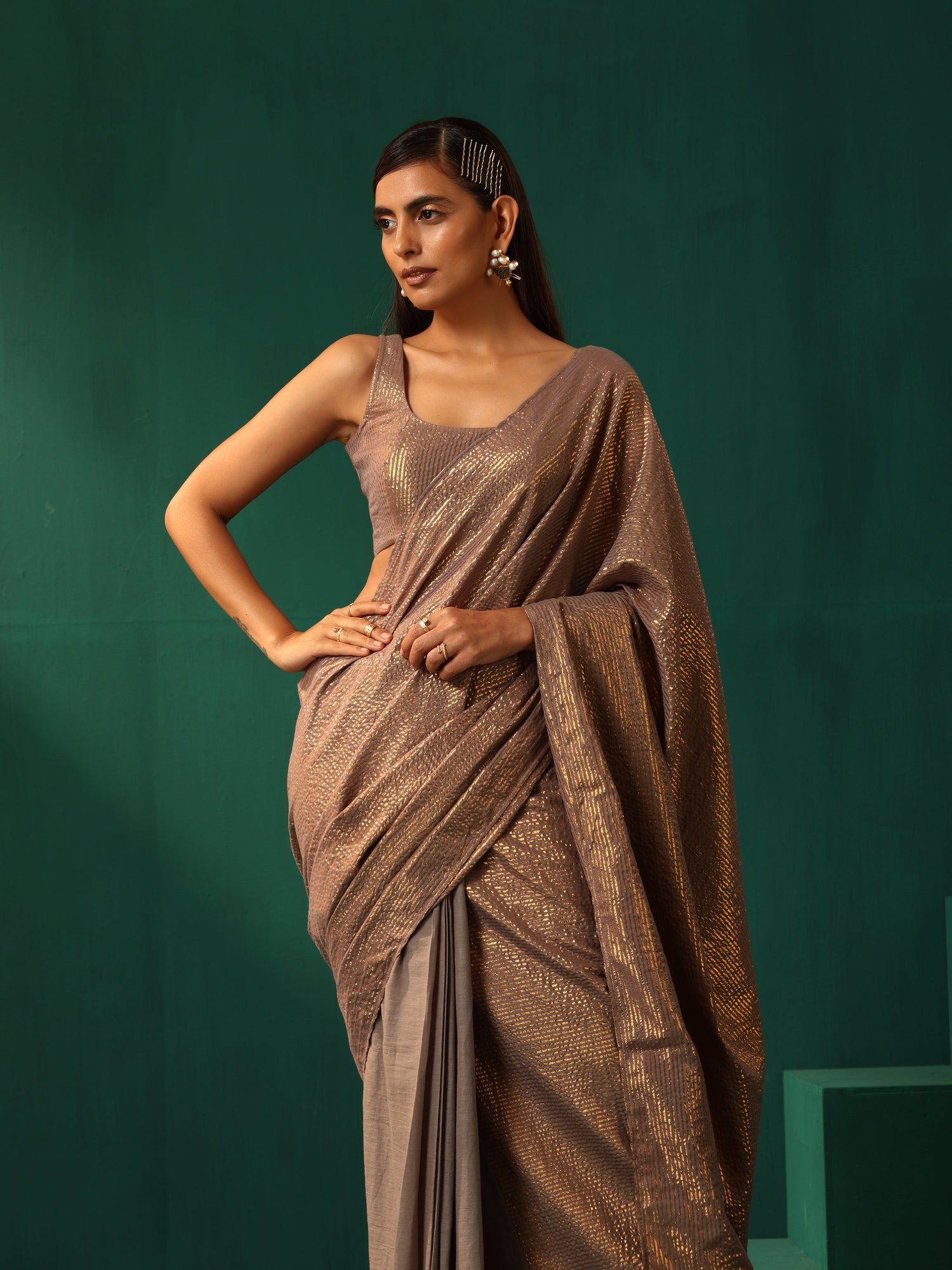 trueBrowns Grey Cotton Gold Striped Ready To Wear Saree