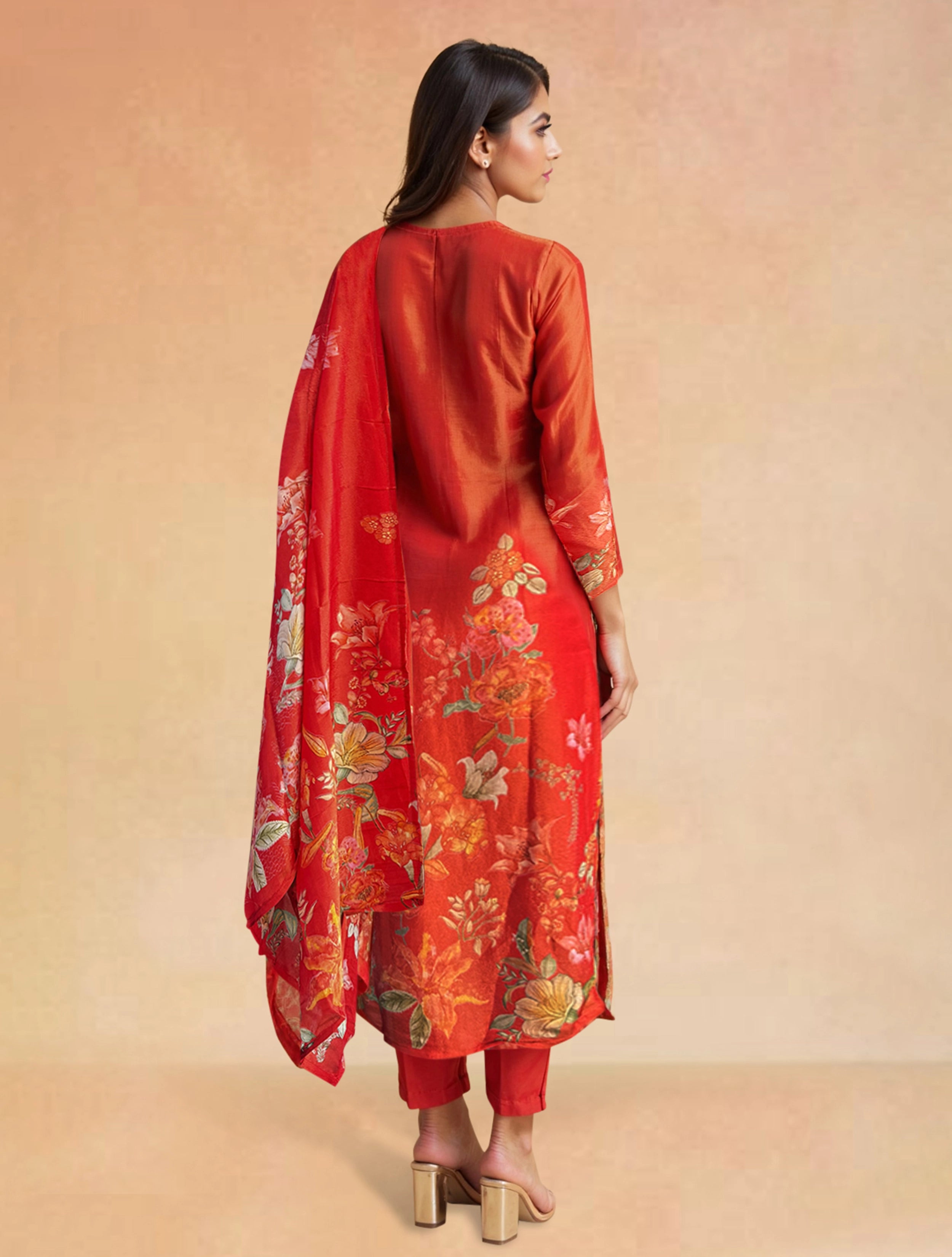 trueBrowns Orange Printed Straight Kurta Pant Dupatta Set
