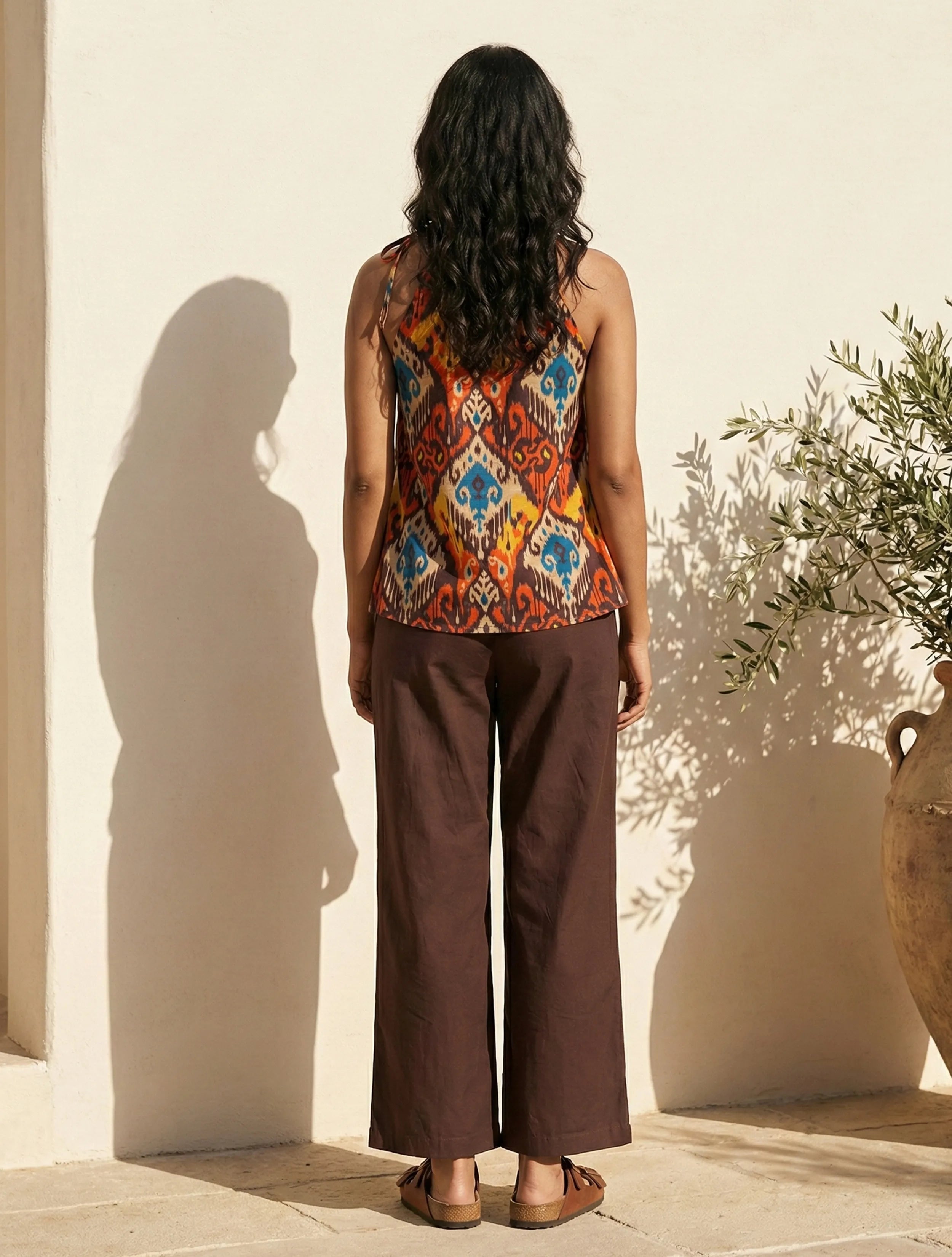 trueBrowns Multicolour Ikat Print Cotton Halter Neck Co-Ord Set