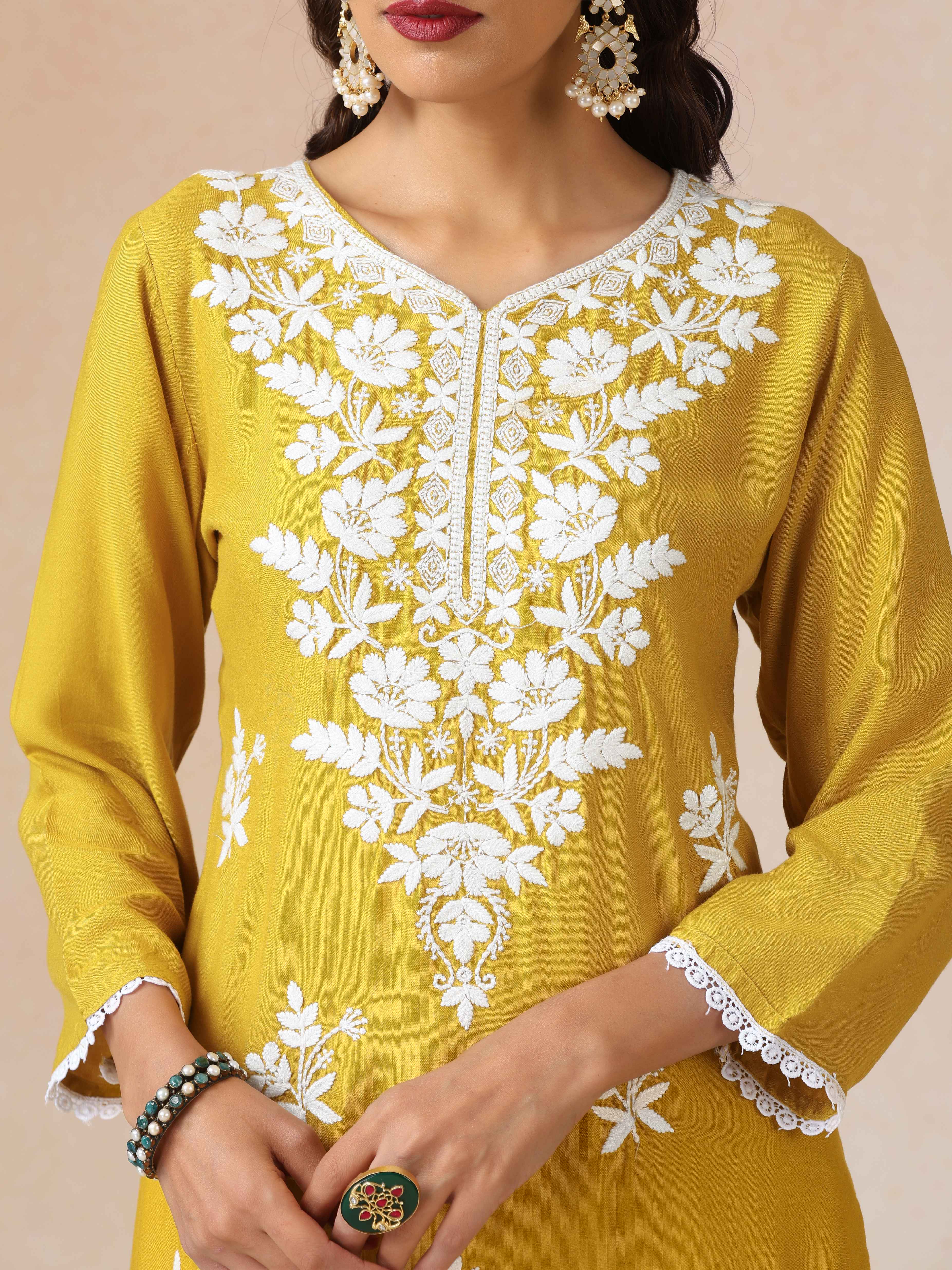 trueBrowns Yellow Embroidered Straight Kurta Co-Ord Set