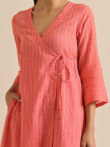 Bright Pink Dobby Angrakha Kurta Pant Set