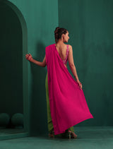 trueBrowns Green Pink Muslin Silk Ready To Wear Saree