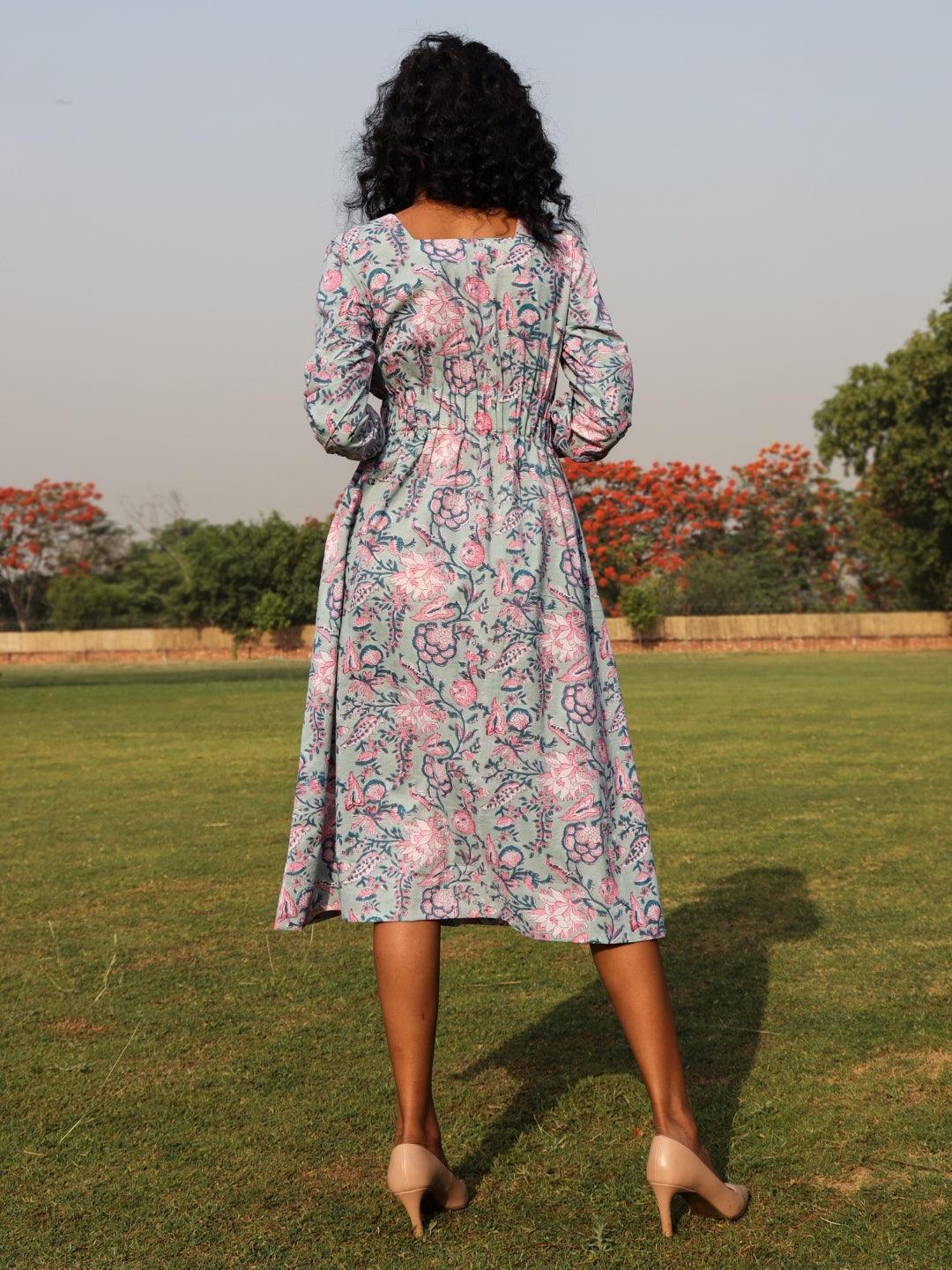 Powder Blue Cotton Block Print Square Neck Dress - trueBrowns