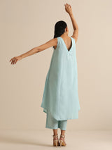 Sky Blue Slub Sleeveless Flared Kurta Pant Set