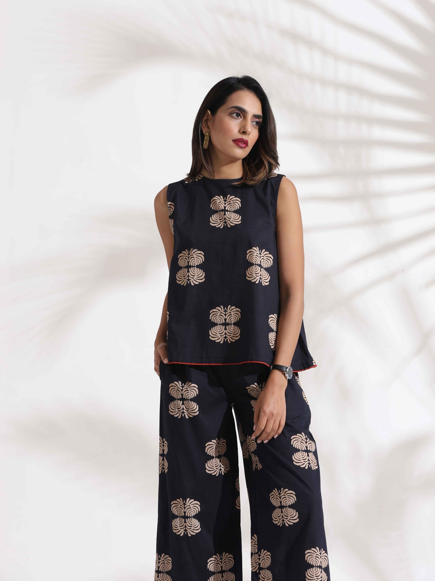 trueBrowns Black Cotton Print Top & Flared Pants Co-ord Set