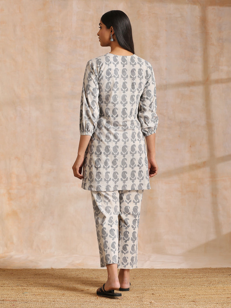 Grey Dabu Buta Print Cotton V-Square Neck Co-Ord Set | Relove