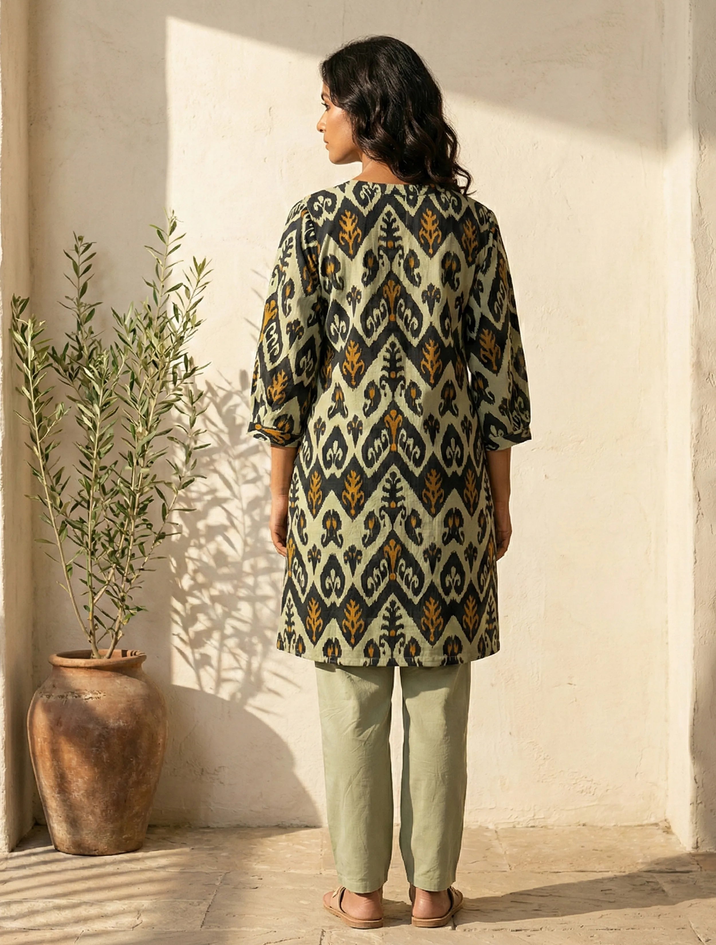 trueBrowns Mint Green Ikat Print Cotton Relaxed Kurta Co-Ord Set