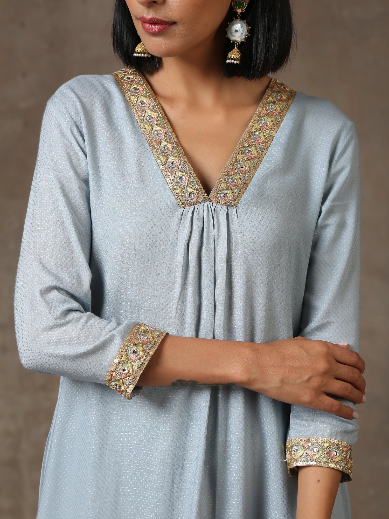 The Daphne - Light Blue Solid Textured Kurta Pant Set - trueBrowns
