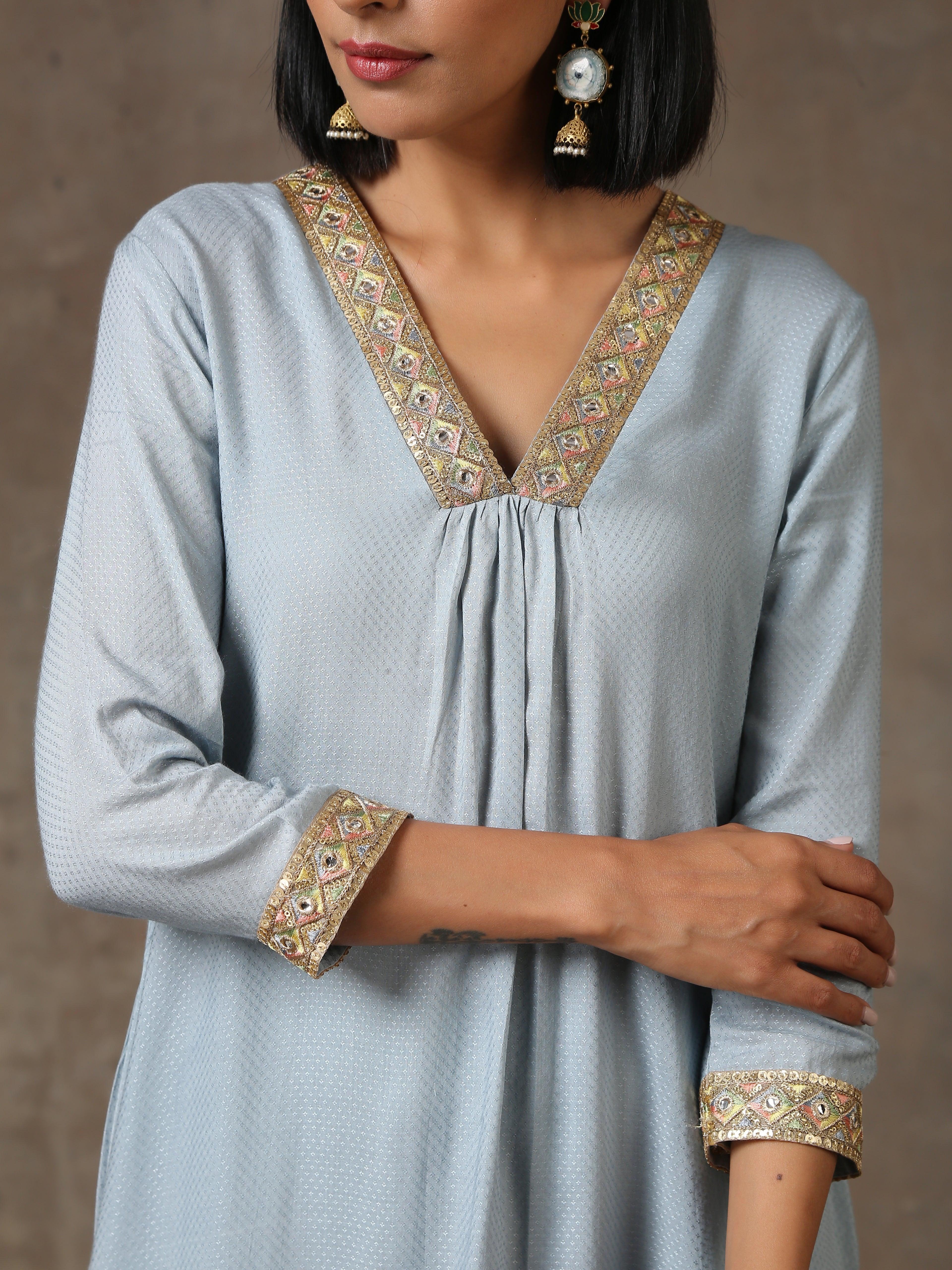 The Daphne - Light Blue Solid Textured Kurta Pant Set - trueBrowns