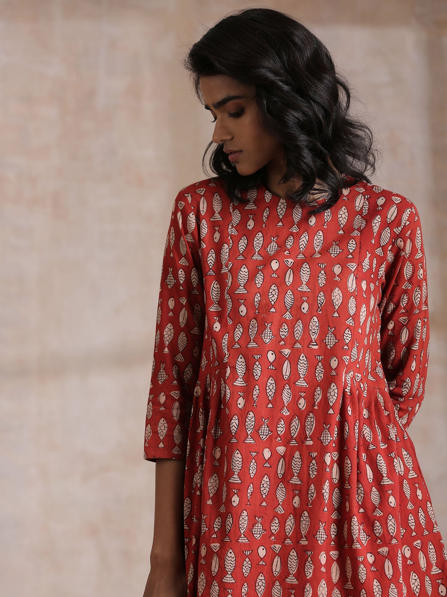 Rust Red Bagru Fish Print Cotton Gathers Co-Ord Set