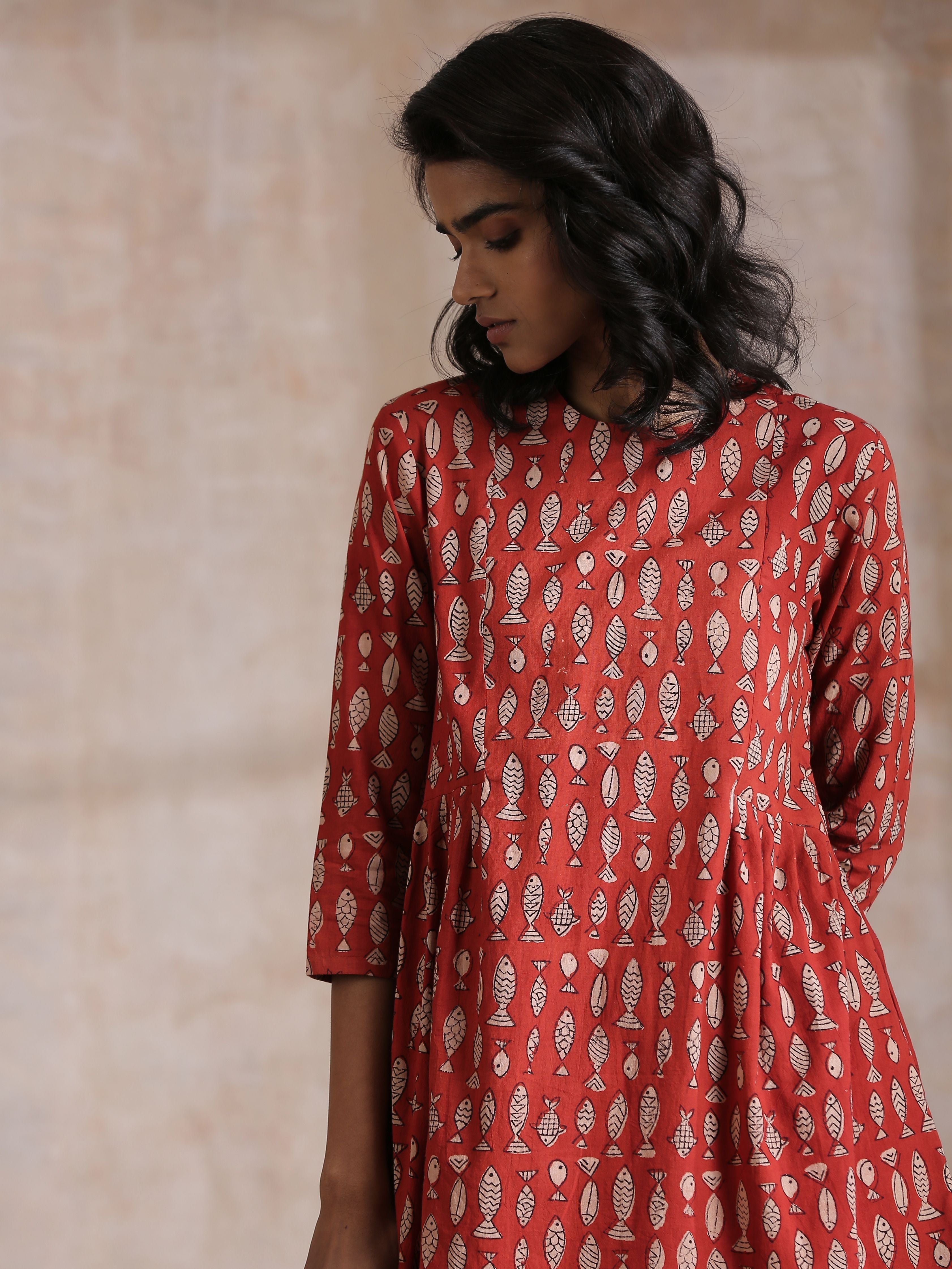 Rust Red Bagru Fish Print Cotton Gathers Co-Ord Set