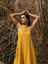 trueBrowns Mustard Cotton Embroidered Flared Dress