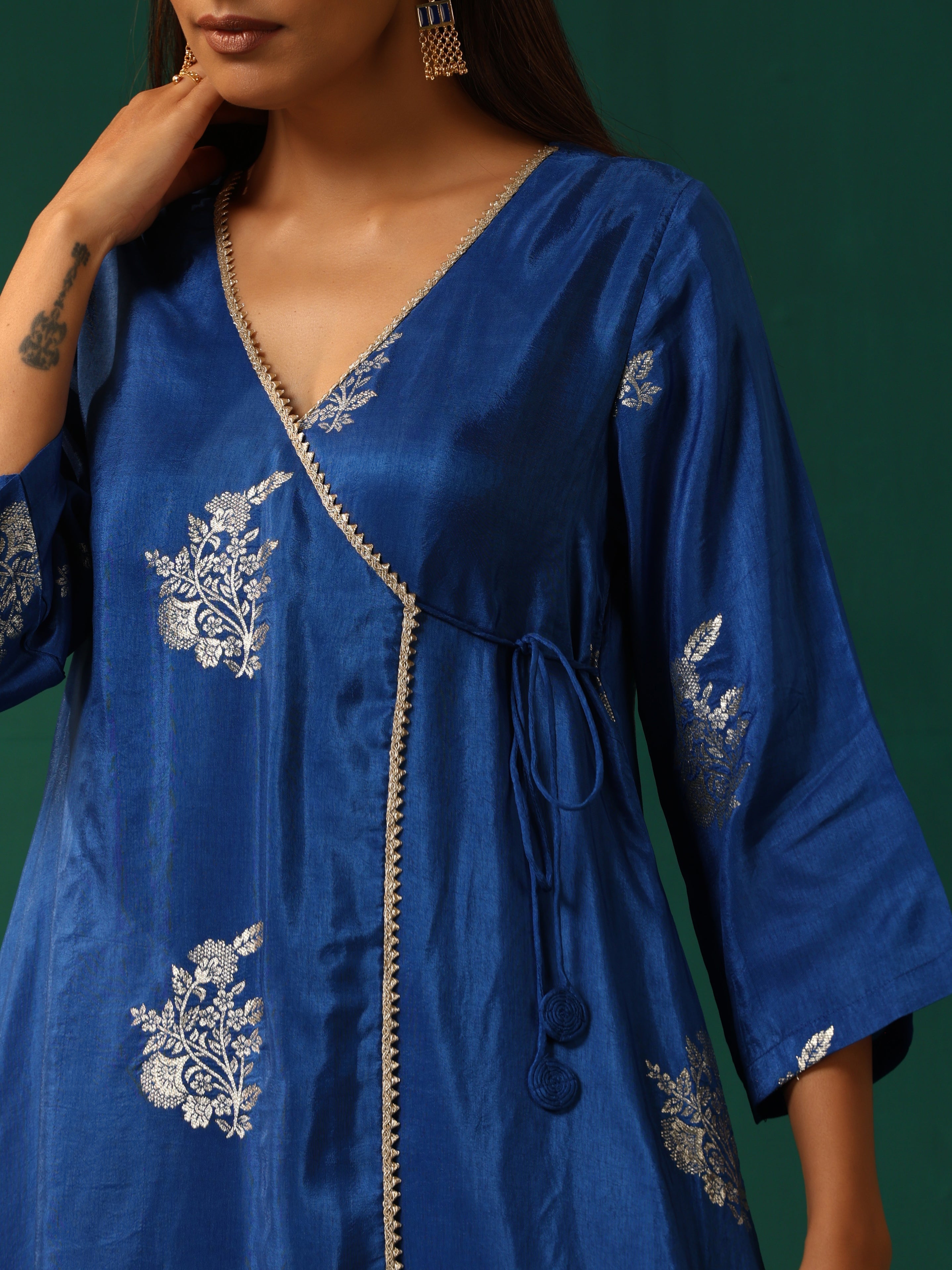 trueBrowns Royal Blue Floral Viscose Silk Angrakha Kurta Pant Set