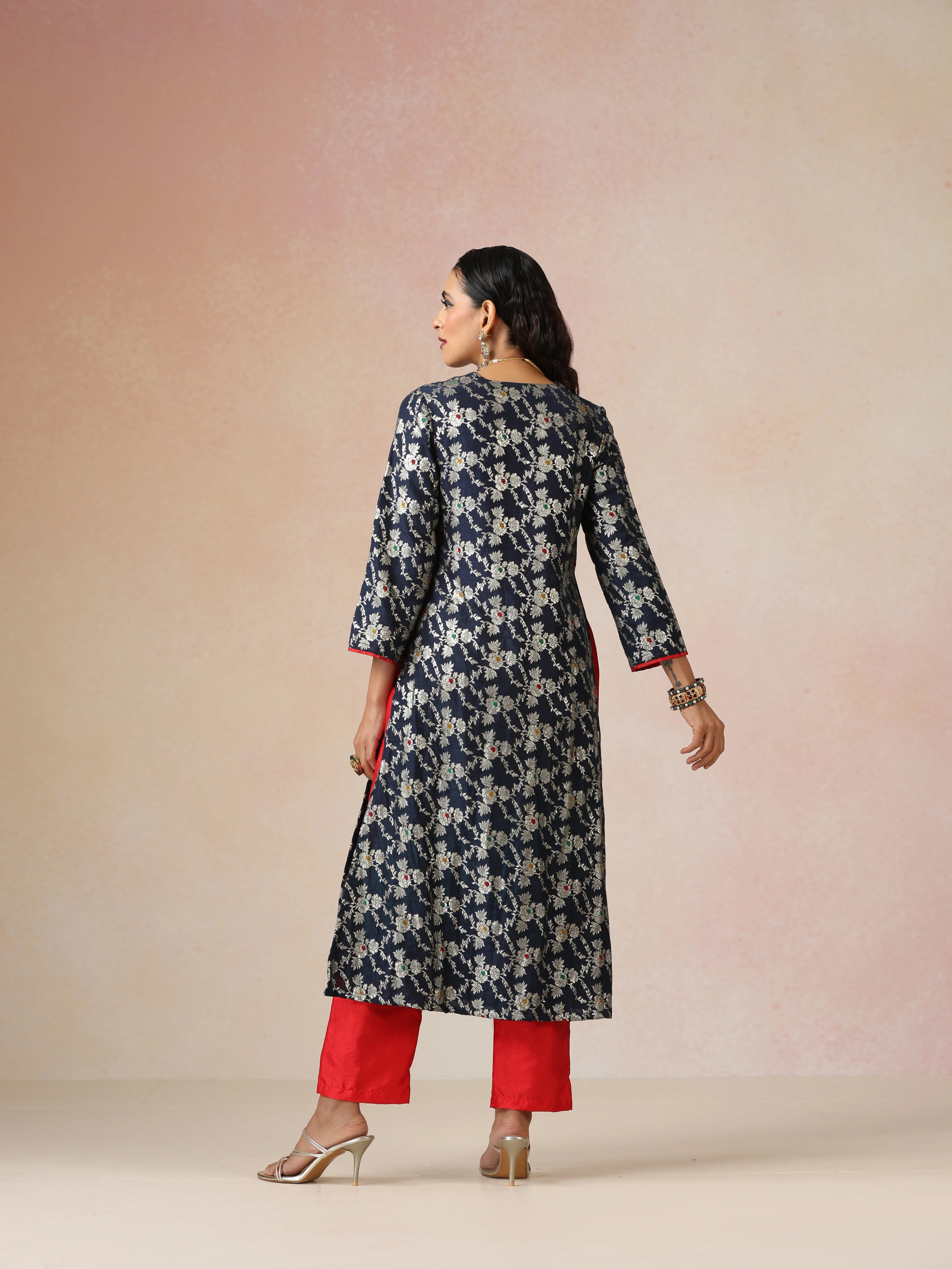 trueBrowns Blue Brocade Straight High-Slit Kurta Set