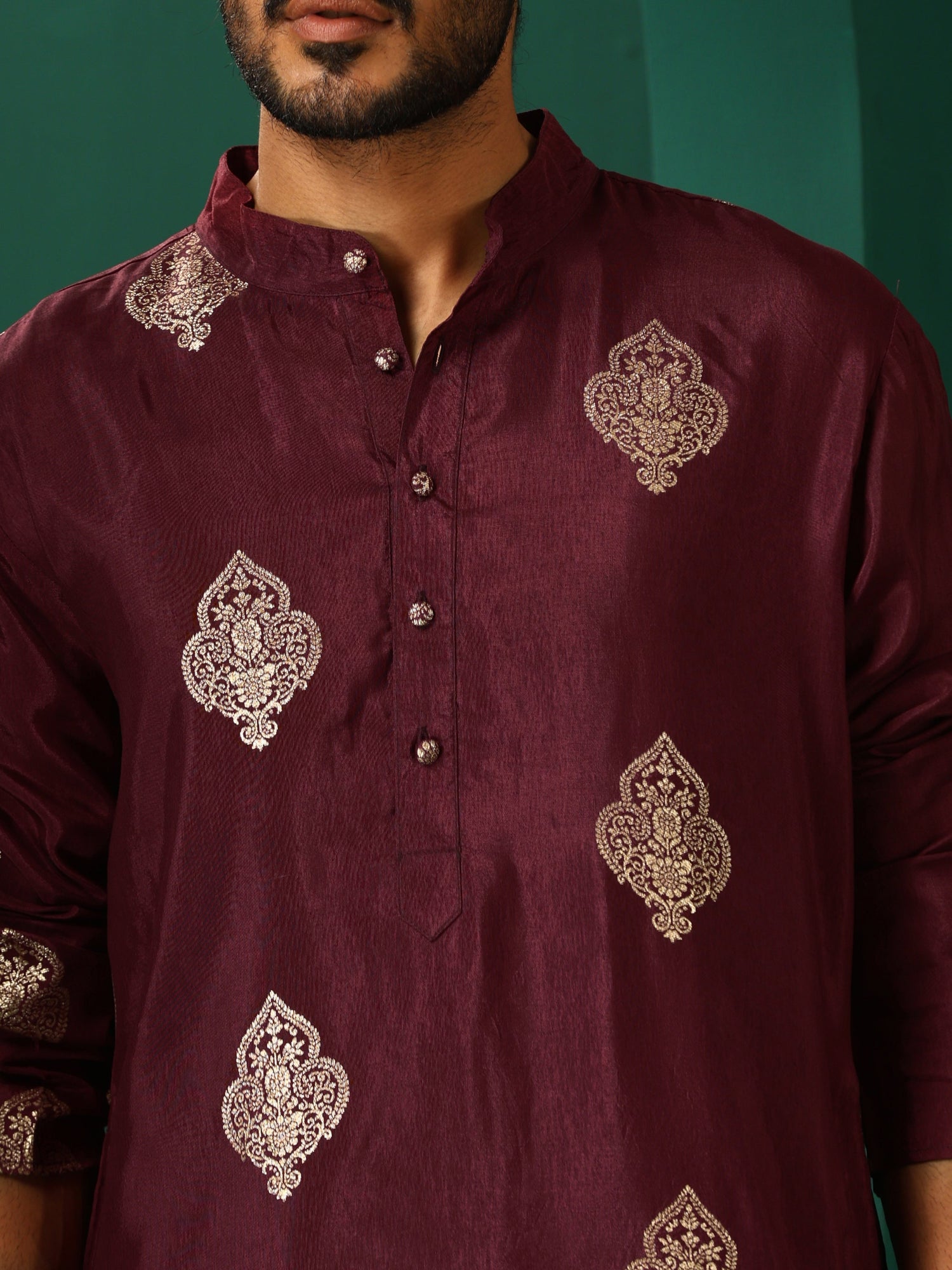 trueBrowns Men Wine Geometric Viscose Silk Long Kurta