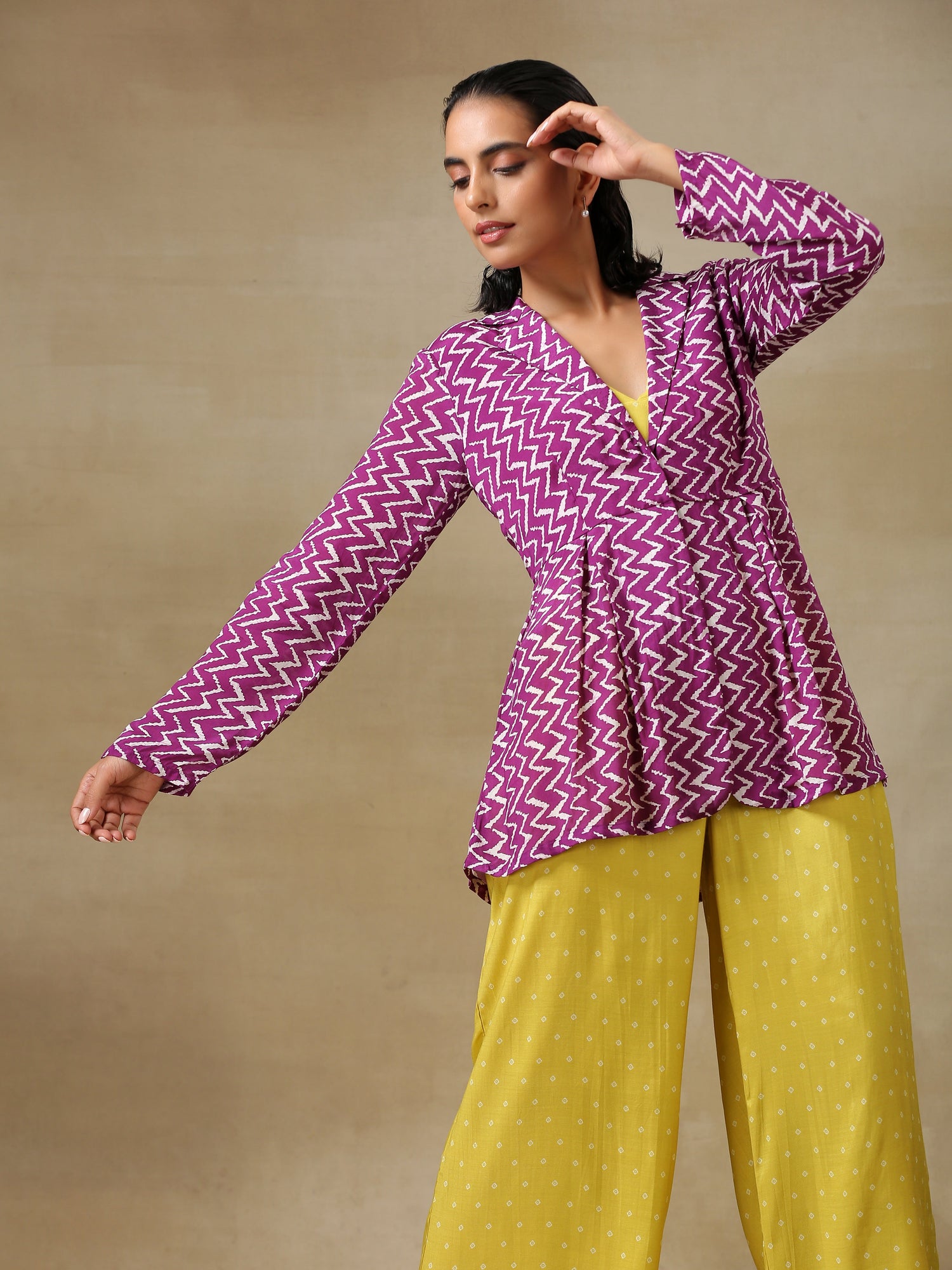 Lime Green Bandhani Printed Silk Top Pant with Purple Printed Jacket Set