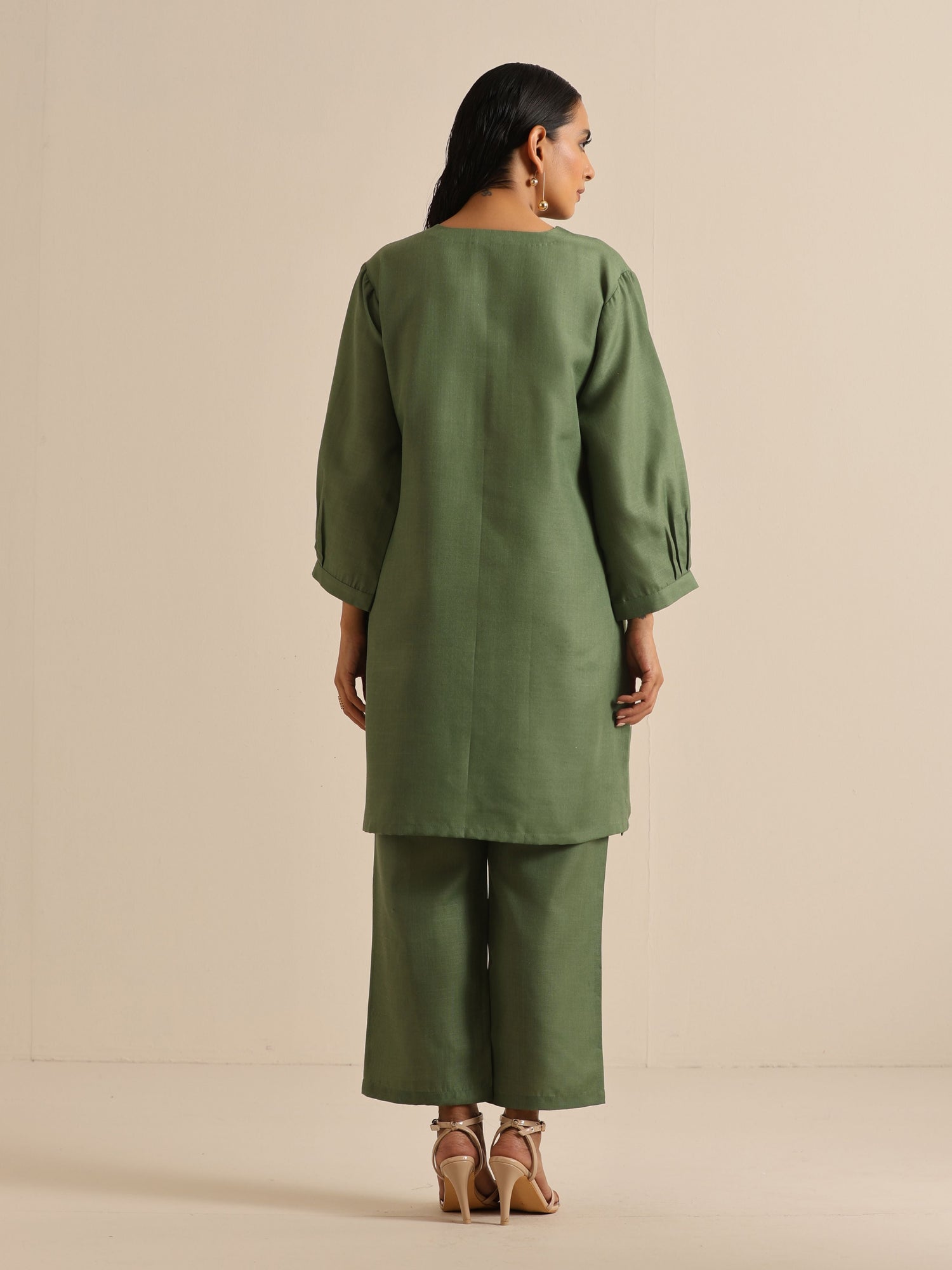 Olive Green Slub Relaxed Placket Co-Ord Set