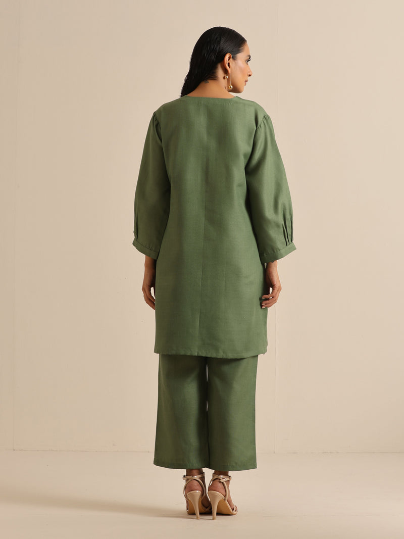 Olive Green Slub Relaxed Placket Co-Ord Set
