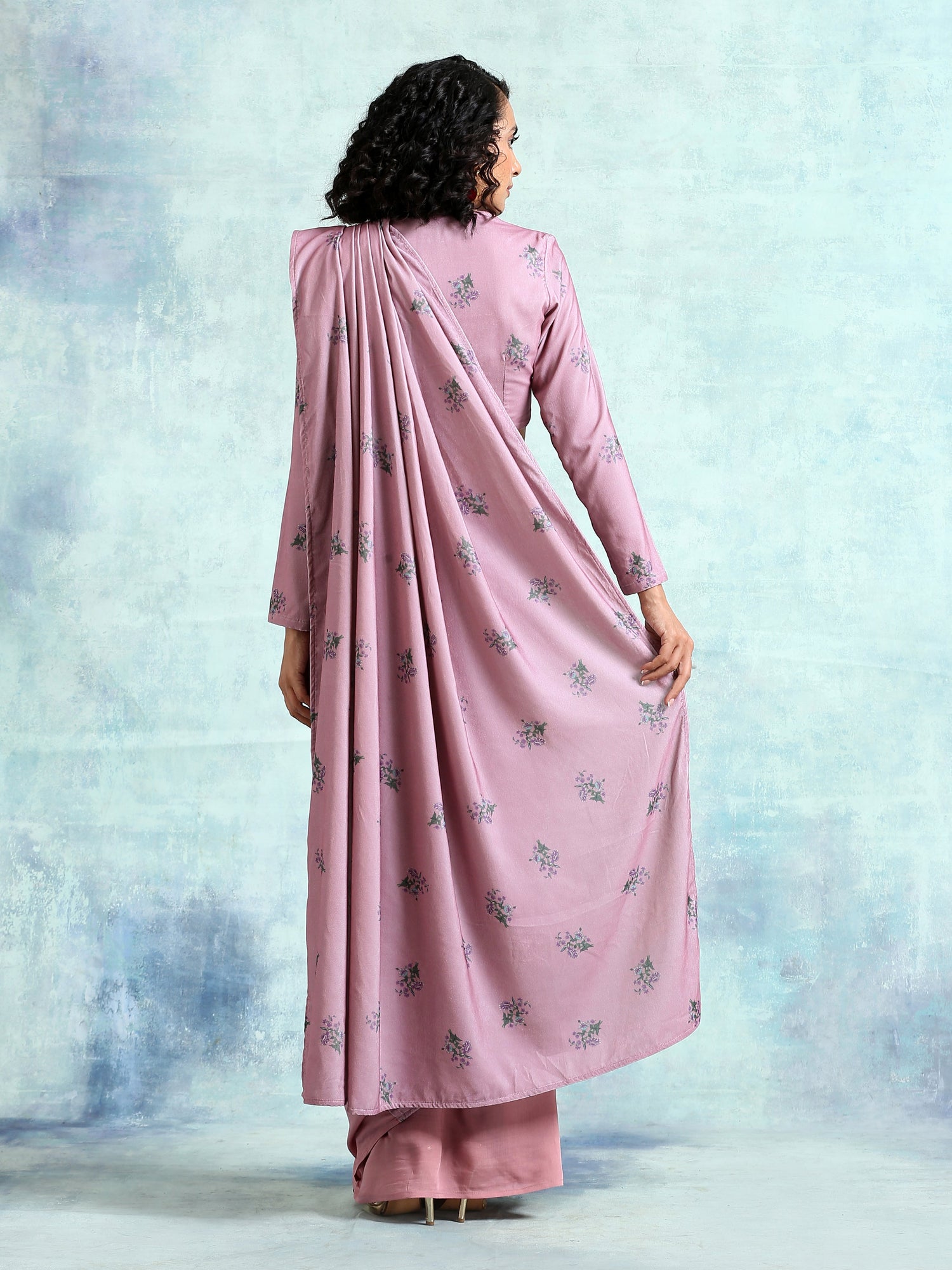 Light Mauve Printed Velvet Ready To Wear Saree