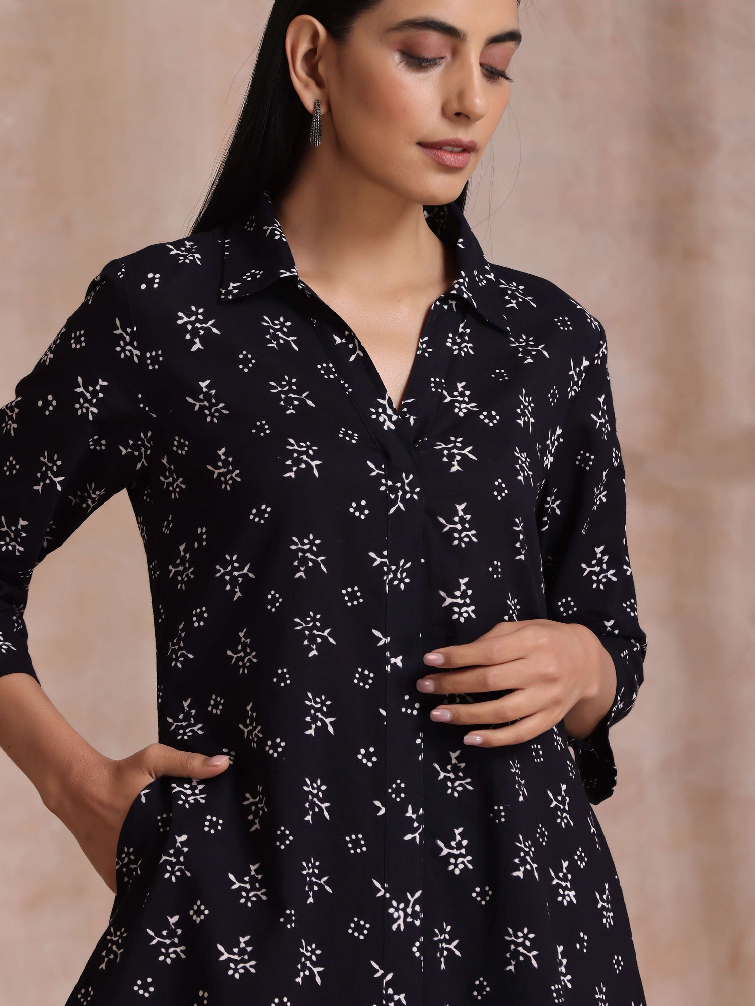 Black White Floral Print Cotton Collar Short Co-Ord Set
