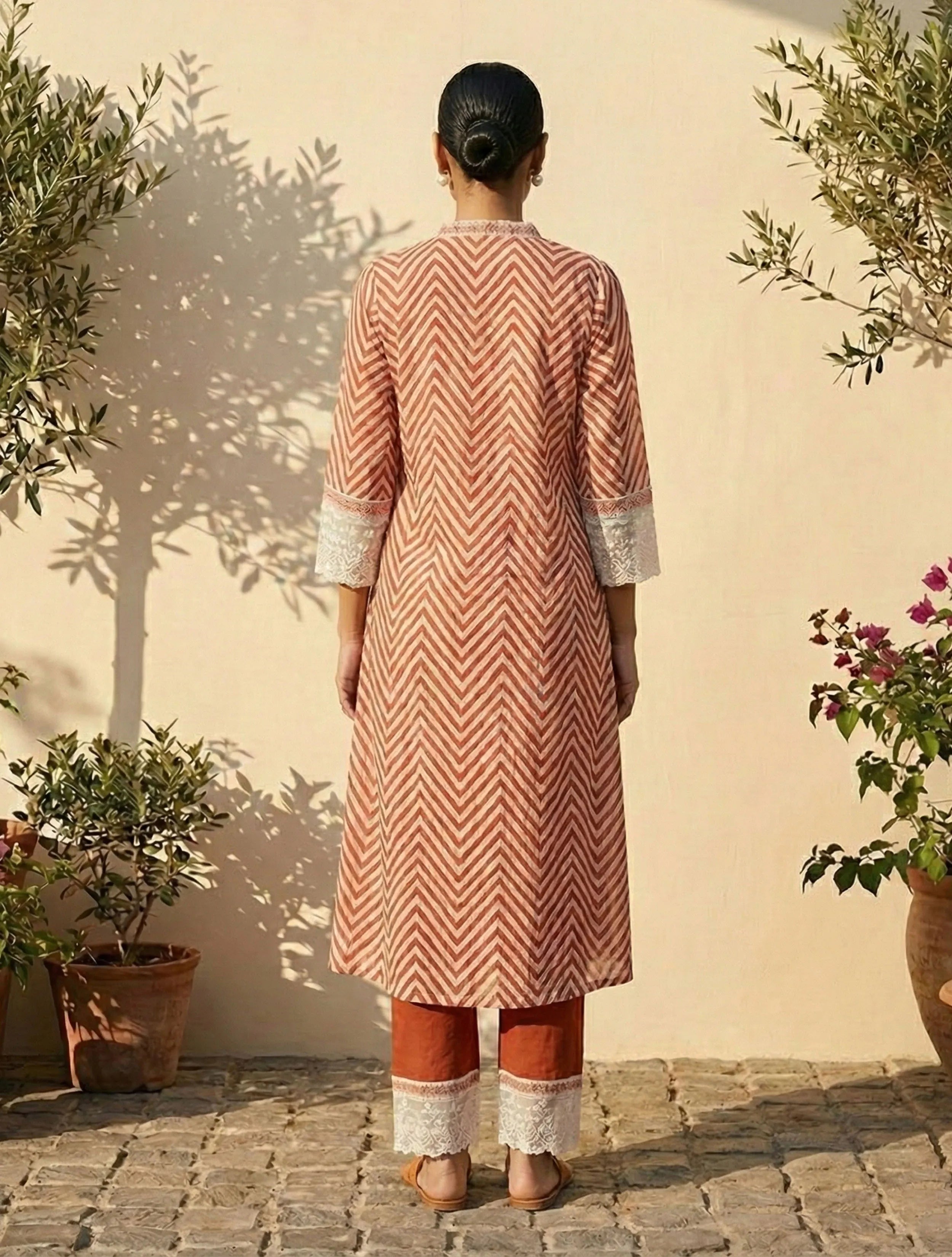 trueBrowns Rust Chevron Print Kurta Pant Dupatta Set