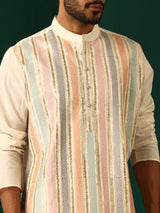 trueBrowns Men Ivory Embroidered Striped Kurta