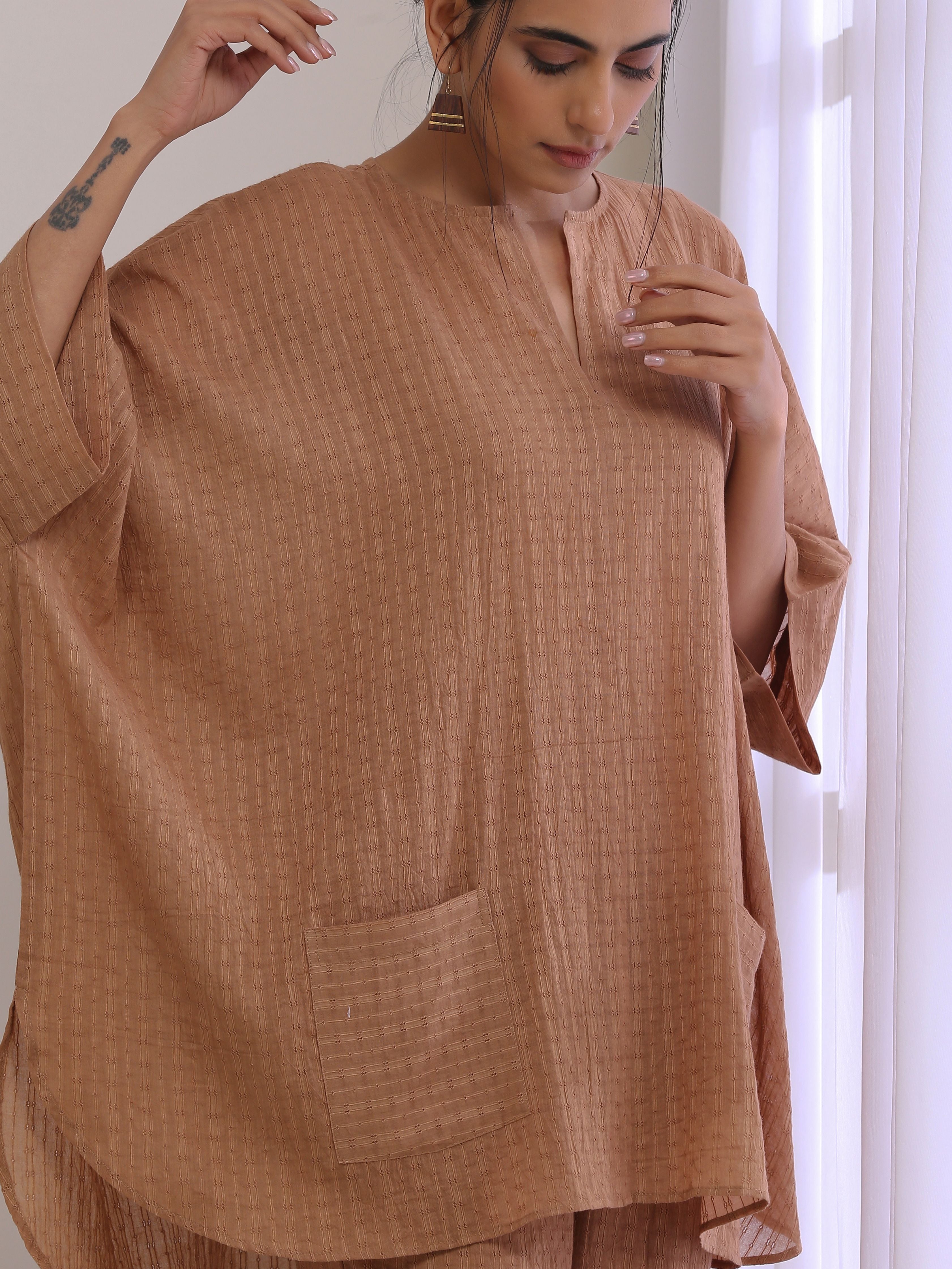 Beige Dobby Boxy Fit High-Low Co-Ord Set