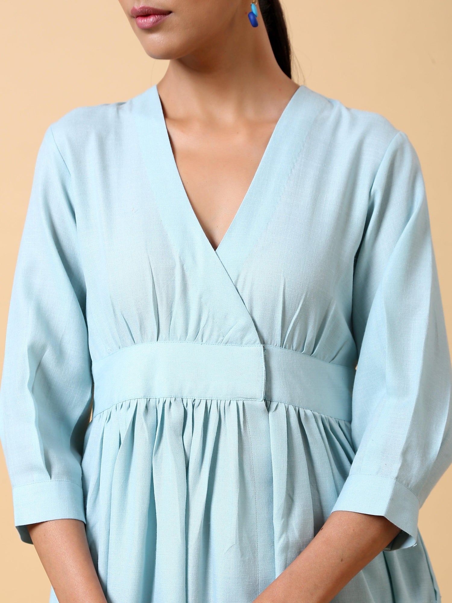 Cotton Linen Light Blue Wrap Dress - trueBrowns