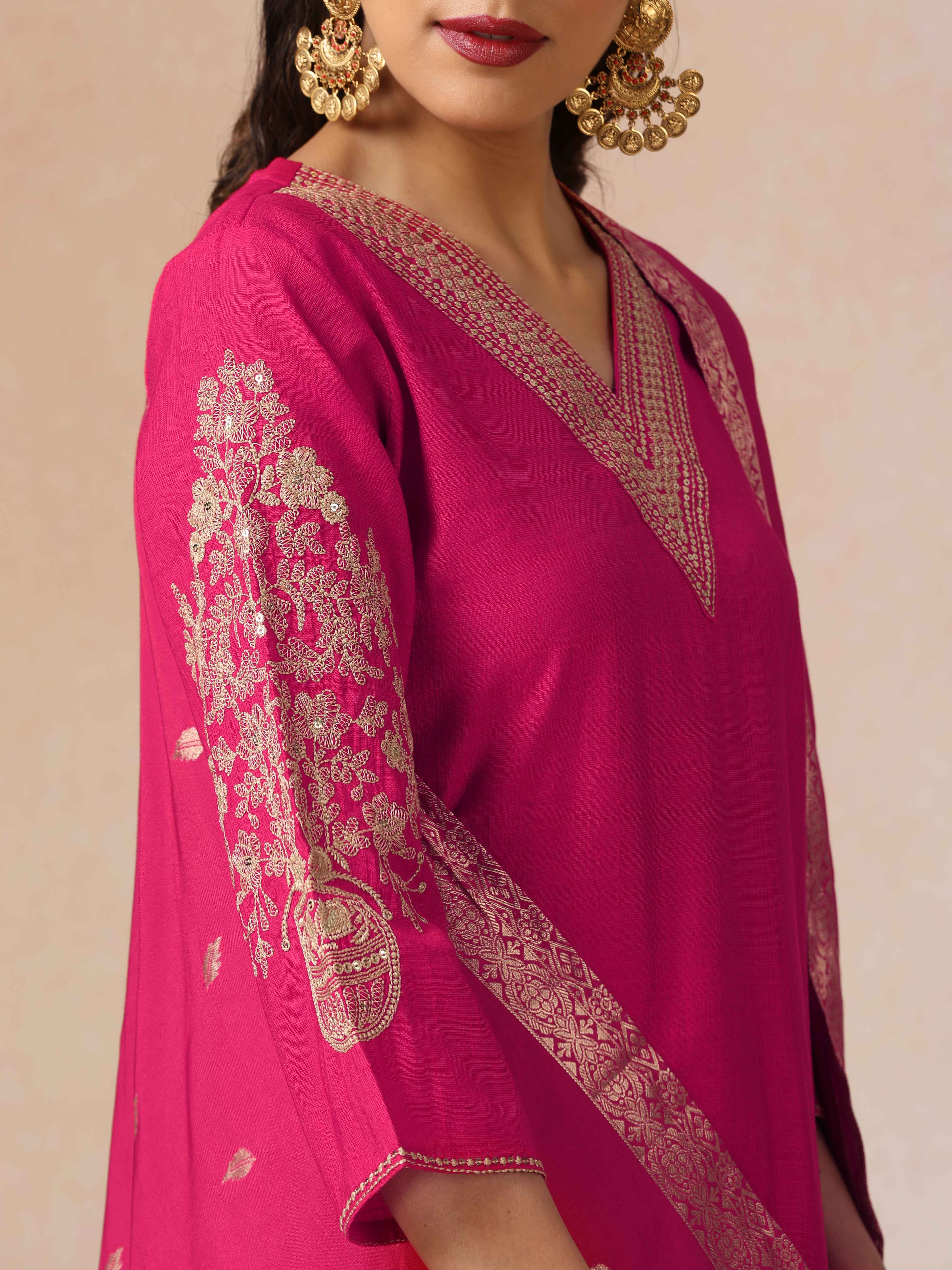 trueBrowns Pink Embroidered Straight Kurta Pant Dupatta Set