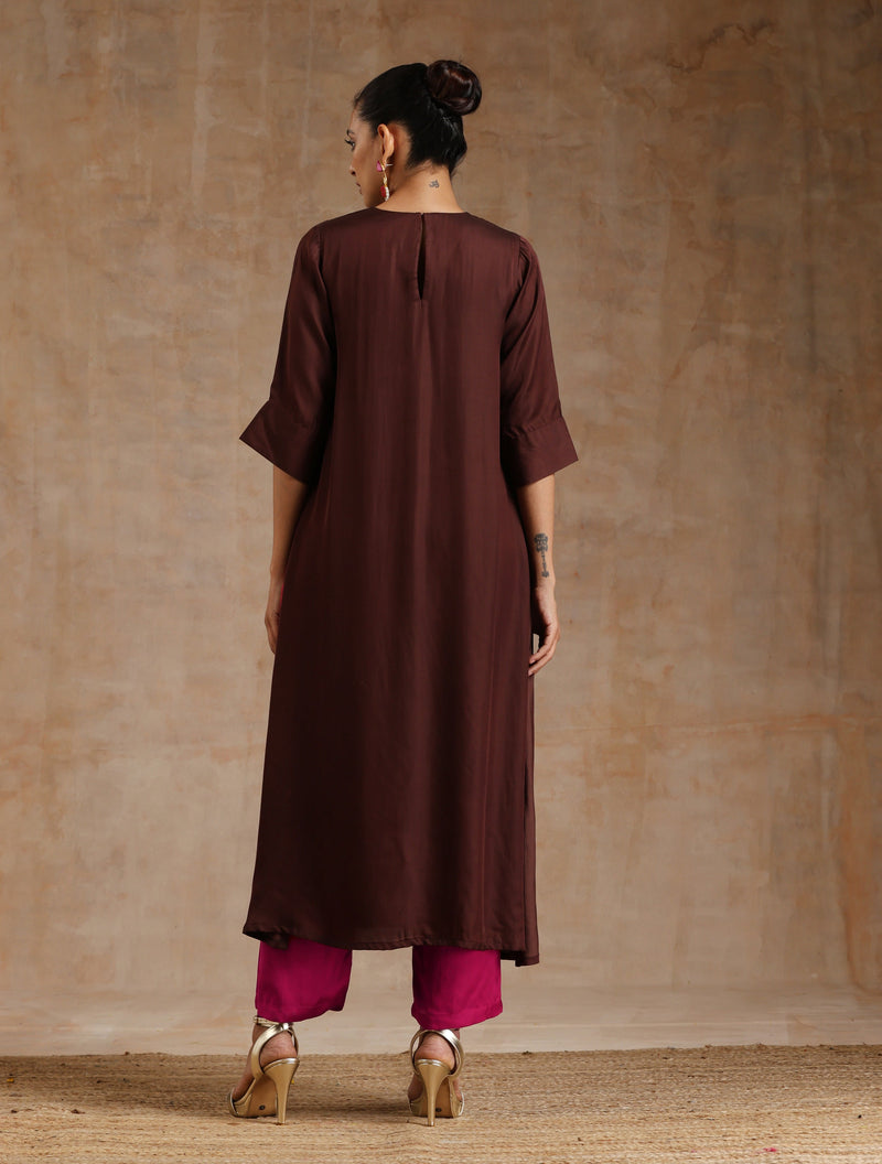 Cola Brown Modal Neck Pleat Kurta Set