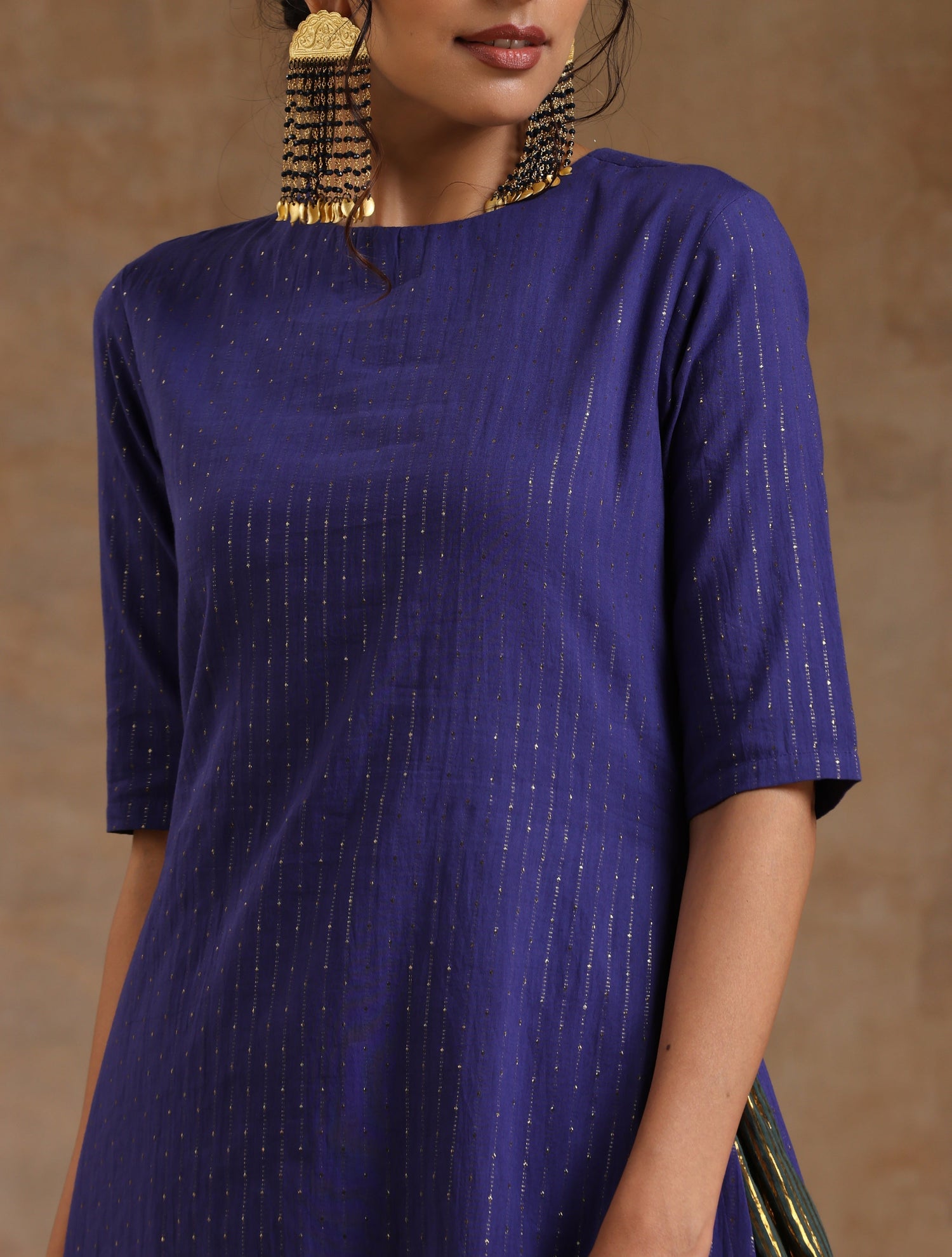 Spectrum Blue Gold Cotton High Slit Kurta Set