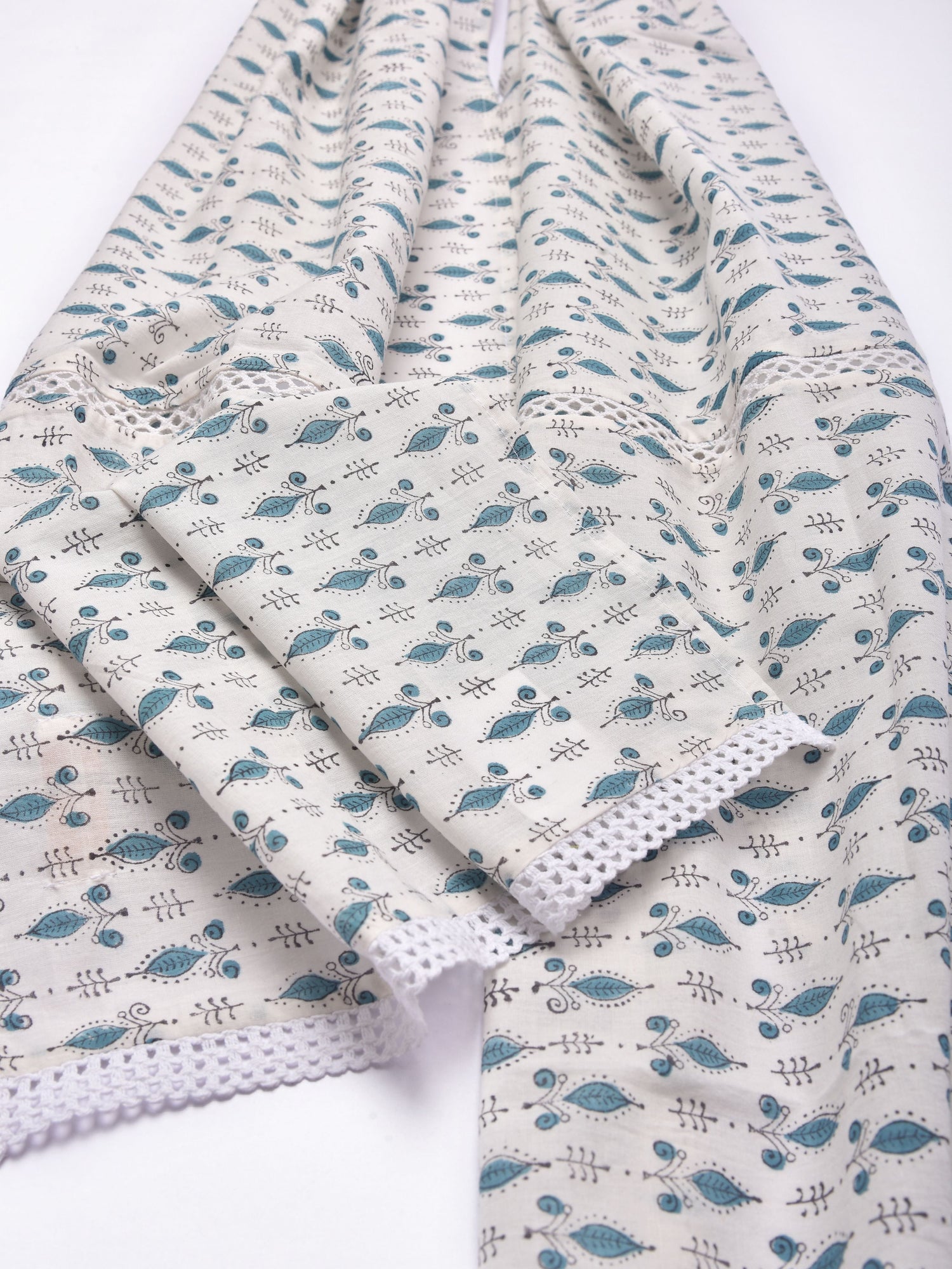 White Teal Buta Block Print Cotton Stole