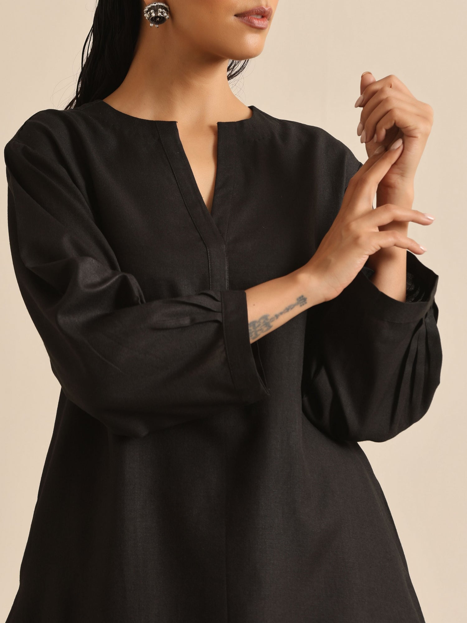 Black Slub Relaxed Placket Co-Ord Set