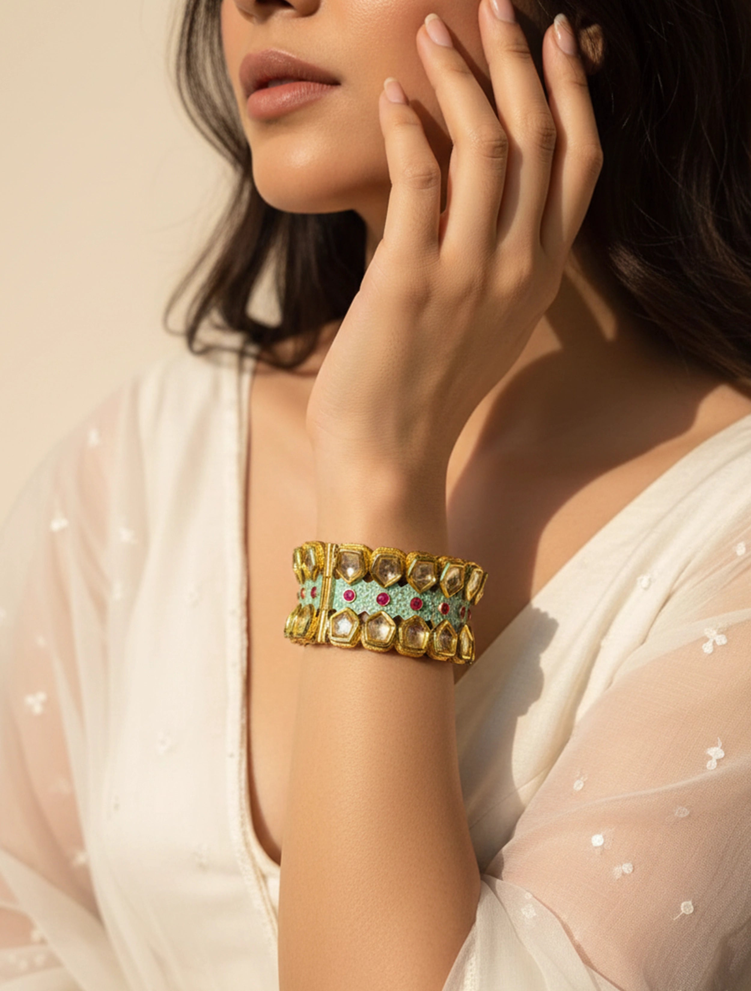 trueBrowns Mint Green Kundan Cuff